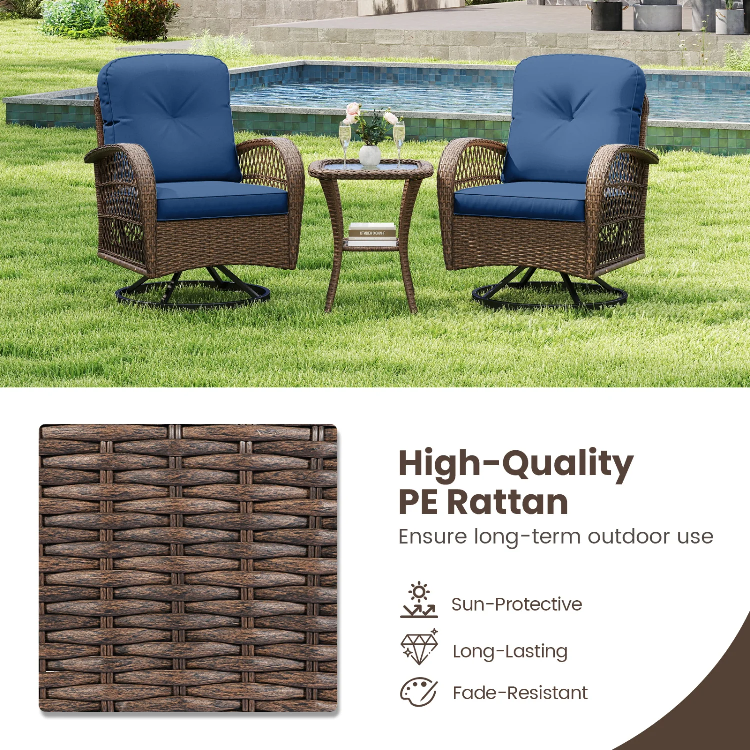 3-Piece Patio Swivel Rocker Set, Navy - Image 7