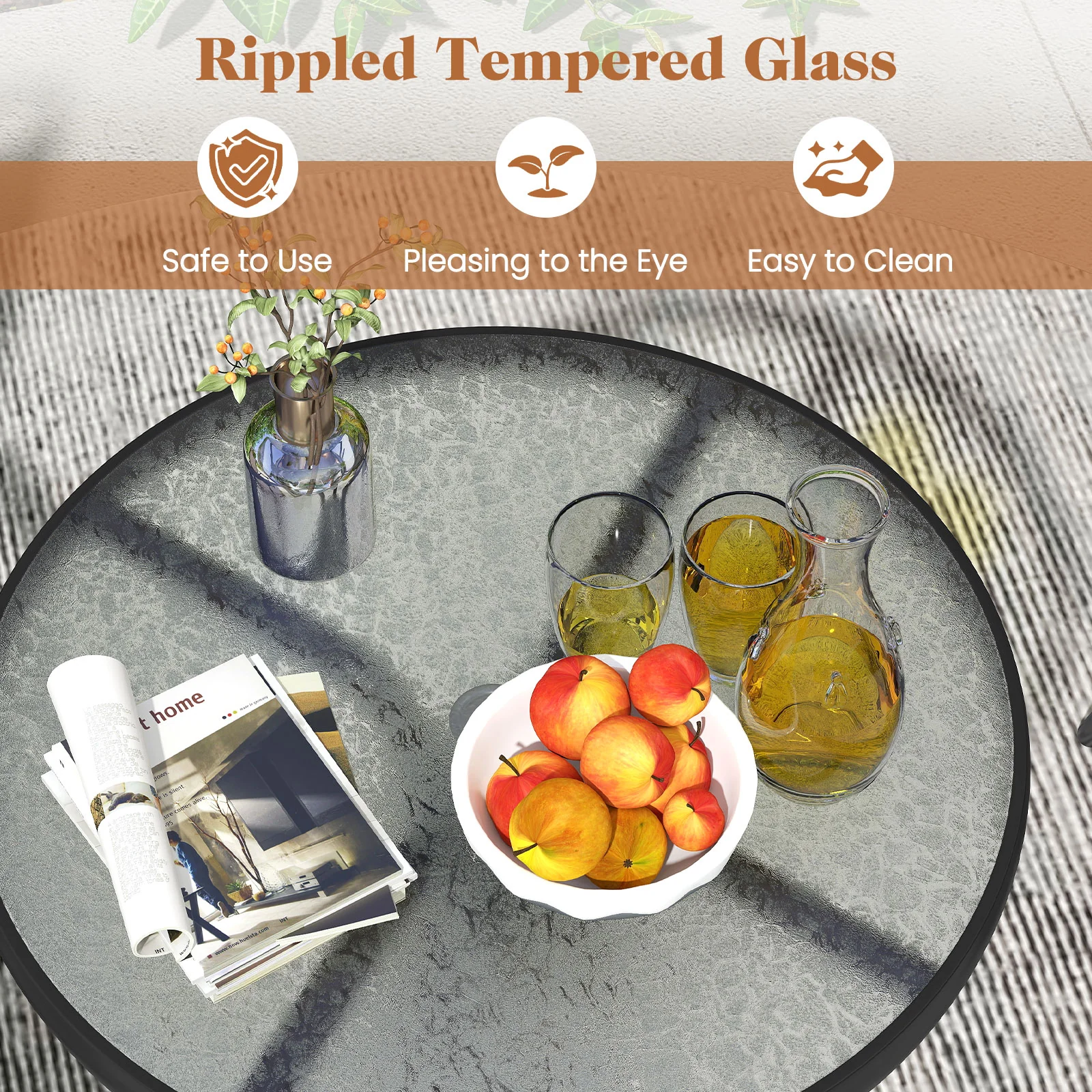 3 Piece Patio Table And Chairs Set, With Rippled Tempered Glass Tabletop, Brown - Image 10