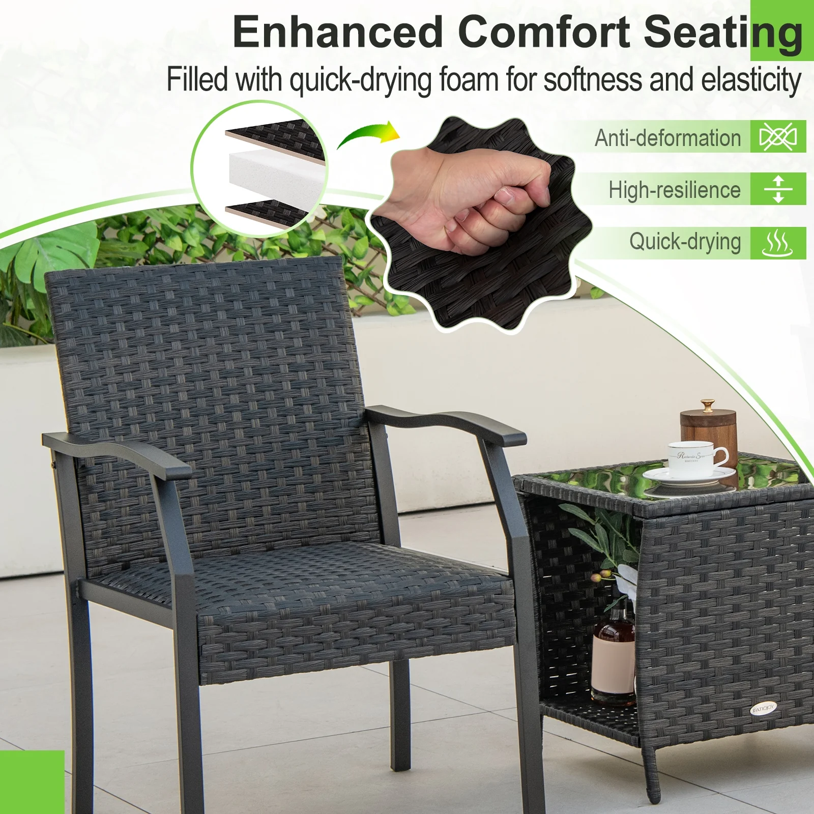 3 Piece Patio Wicker Chair Set, Quick Dry Foam Cushions, Brown - Image 10