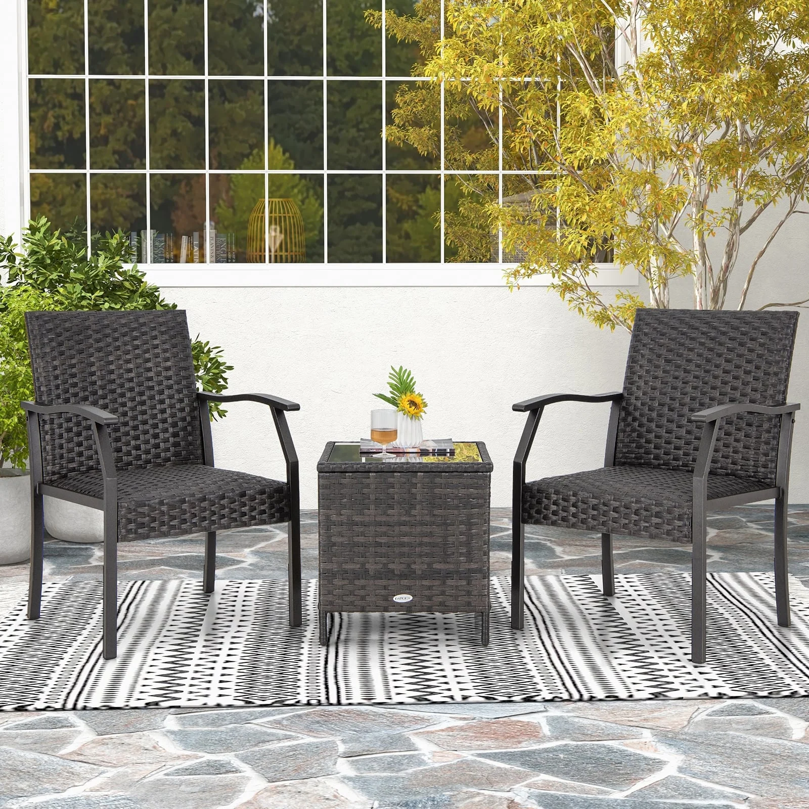 3 Piece Patio Wicker Chair Set, Quick Dry Foam Cushions, Brown - Image 3