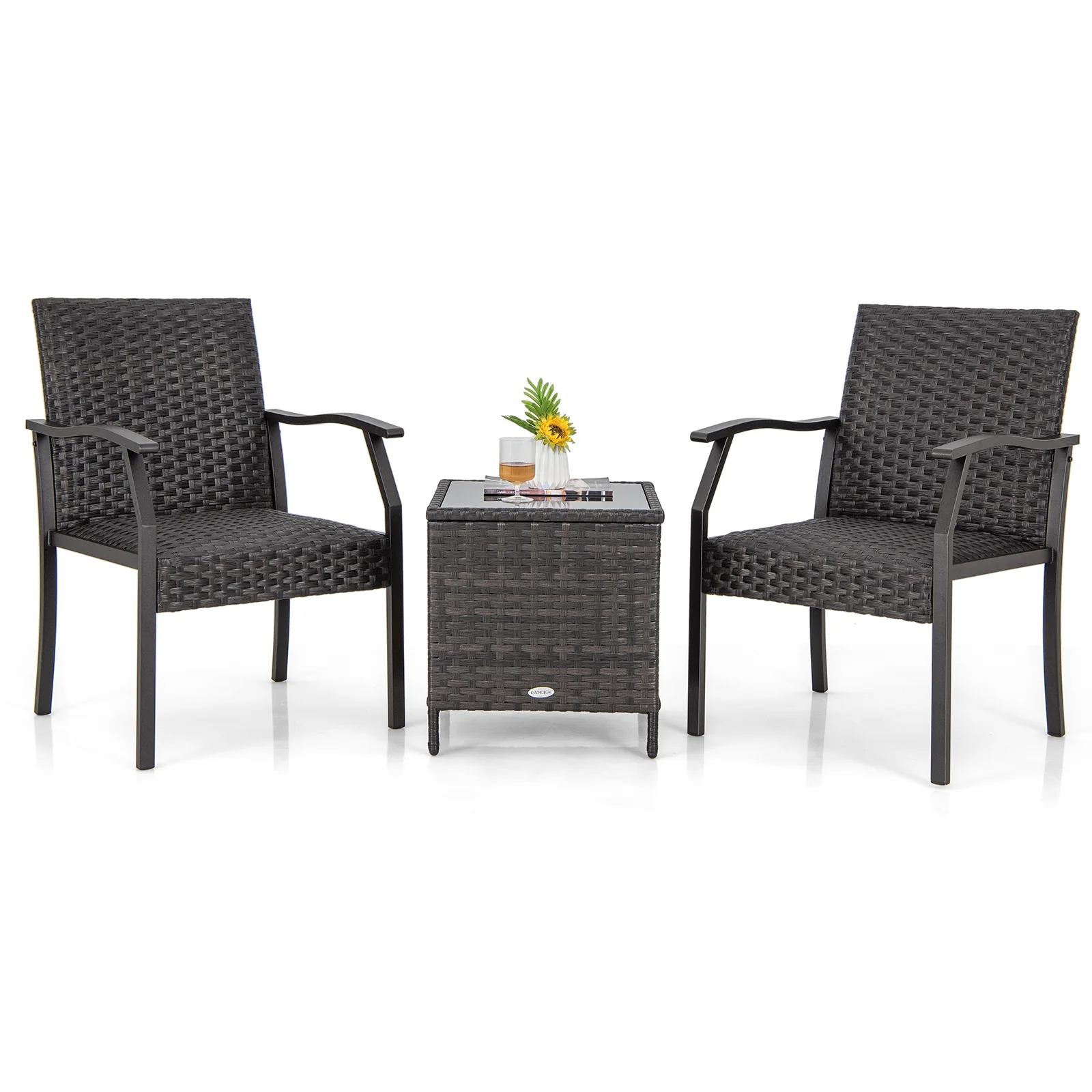3 Piece Patio Wicker Chair Set, Quick Dry Foam Cushions, Brown - Image 4