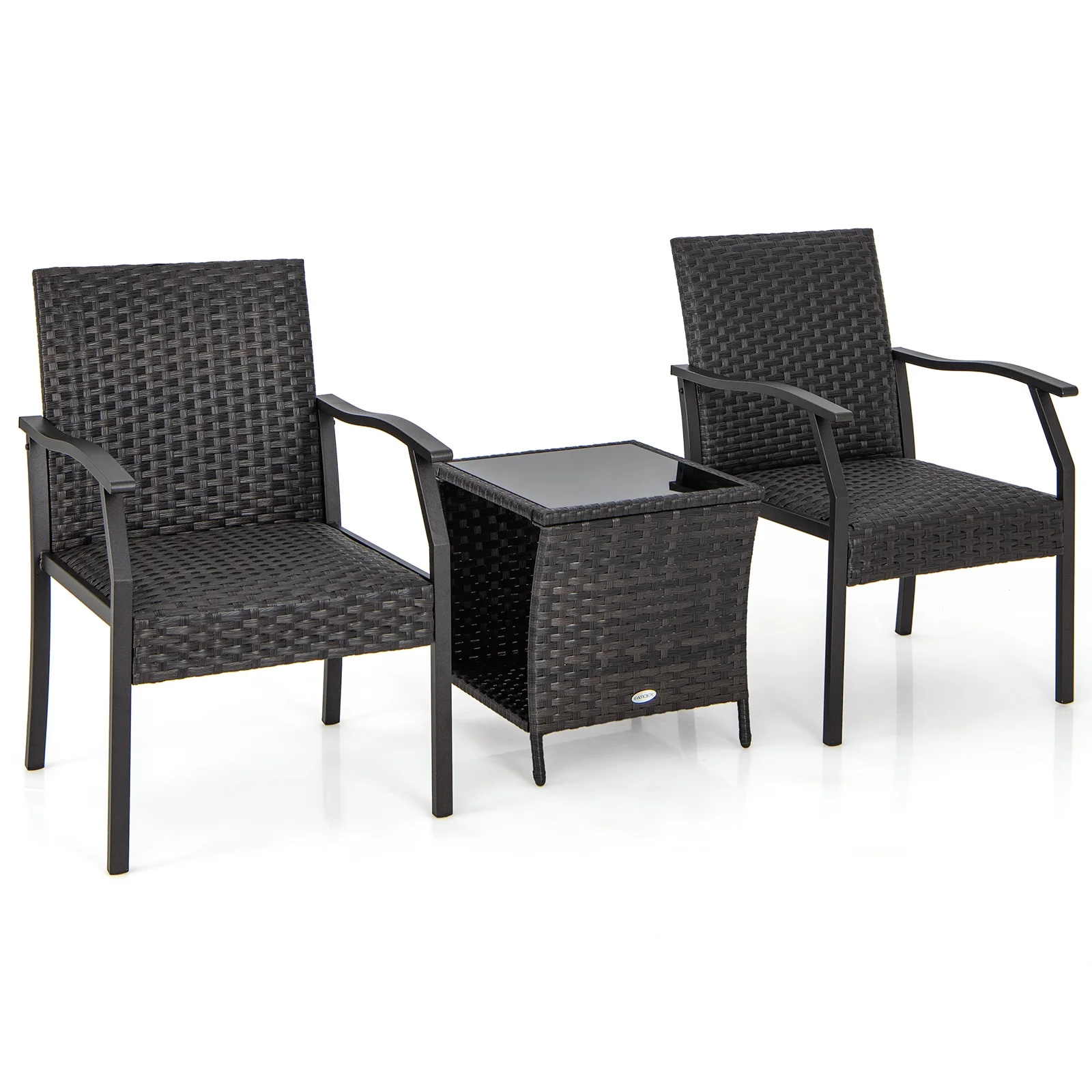 3 Piece Patio Wicker Chair Set, Quick Dry Foam Cushions, Brown - Image 5