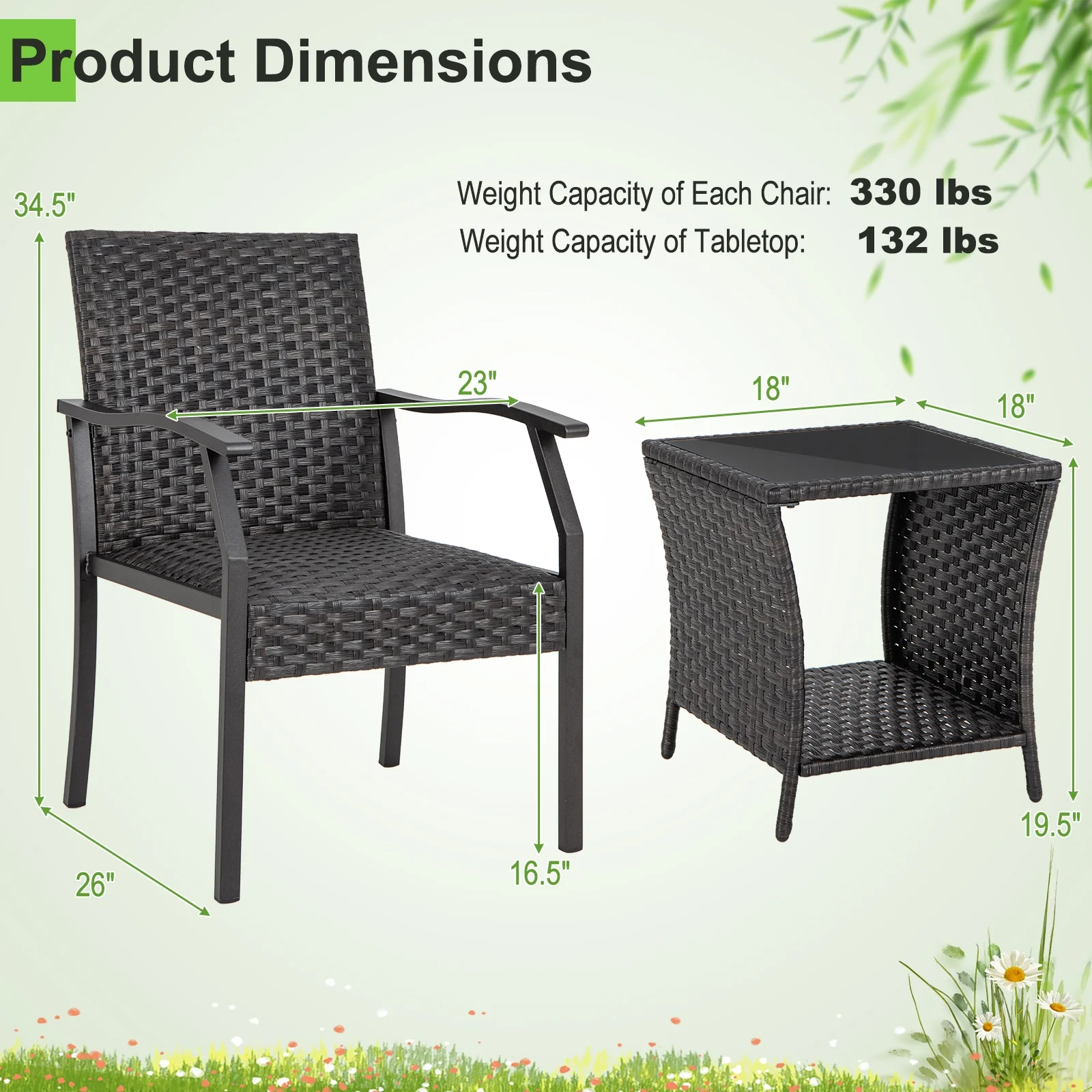 3 Piece Patio Wicker Chair Set, Quick Dry Foam Cushions, Brown - Image 6