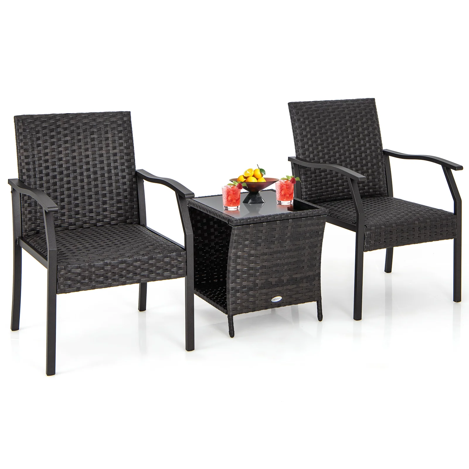 3 Piece Patio Wicker Chair Set, Quick Dry Foam Cushions, Brown - Image 7