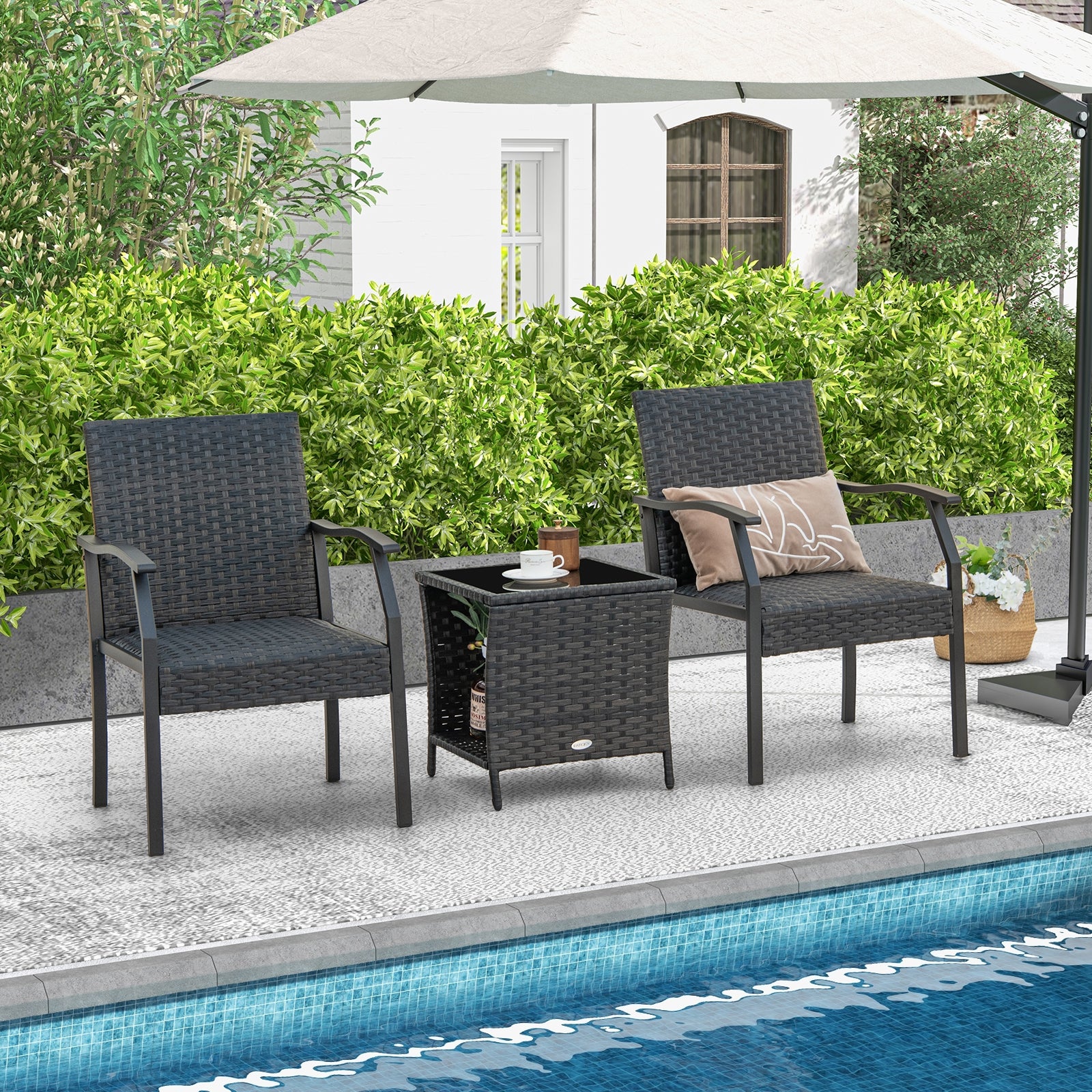 3 Piece Patio Wicker Chair Set, Quick Dry Foam Cushions, Brown - Image 8