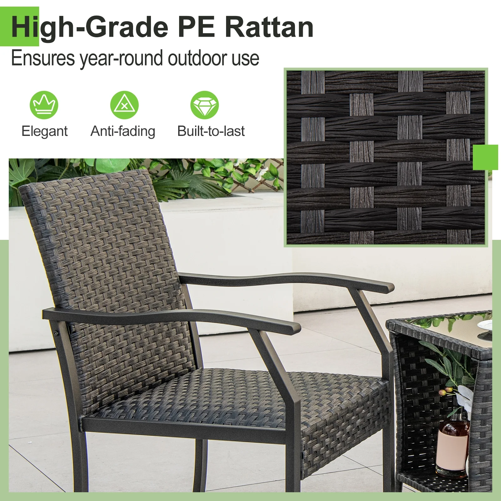 3 Piece Patio Wicker Chair Set, Quick Dry Foam Cushions, Brown - Image 9