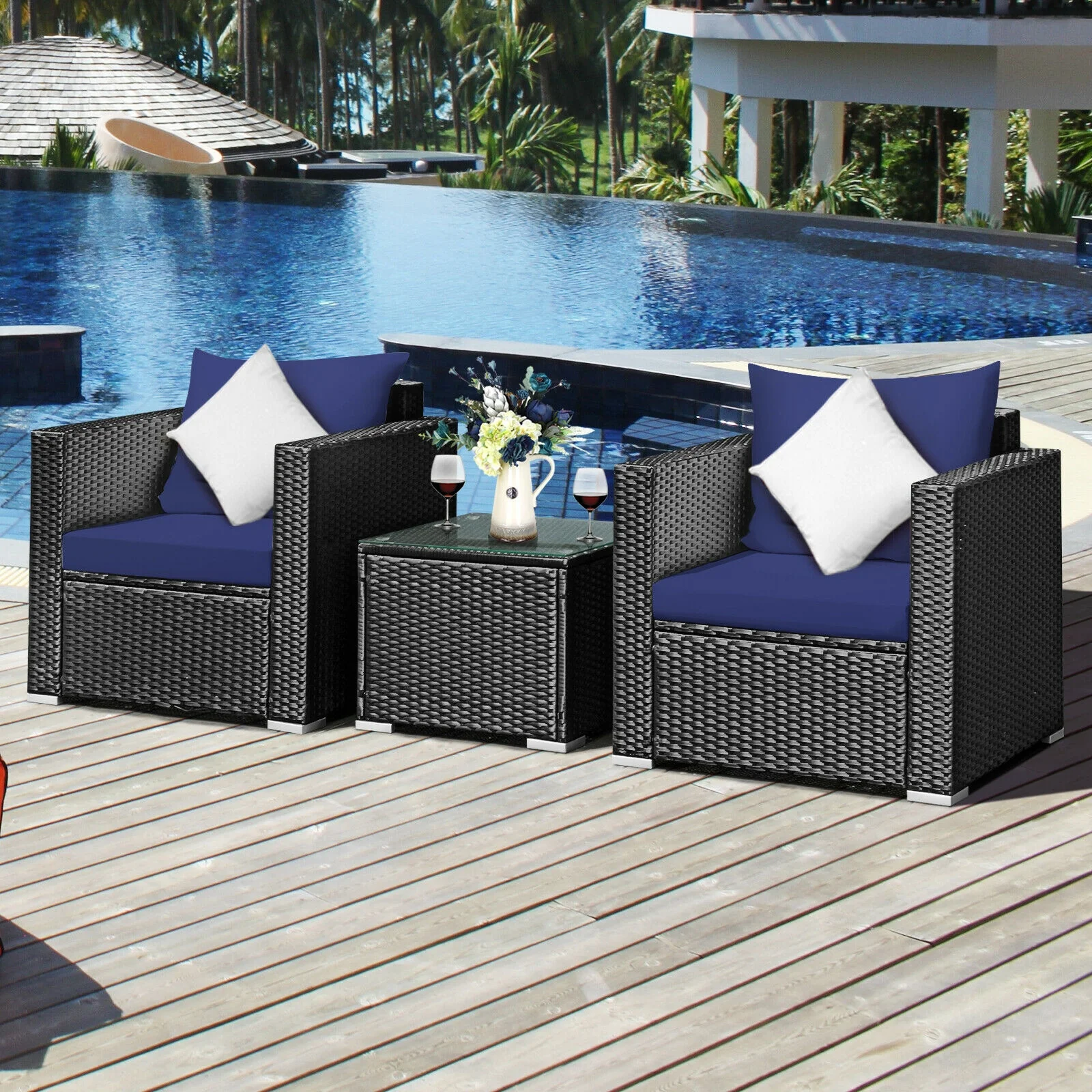 3-Piece Patio Wicker Furniture Set, Navy - Image 2