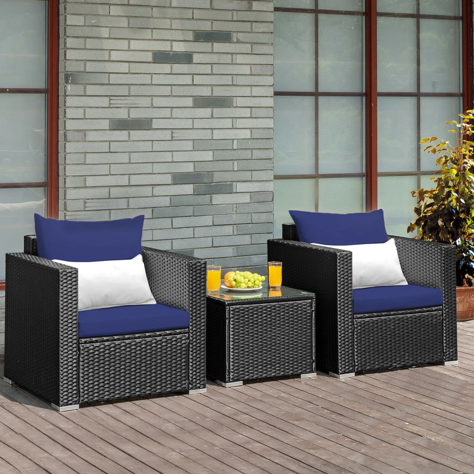 3-Piece Patio Wicker Furniture Set, Navy - Image 3