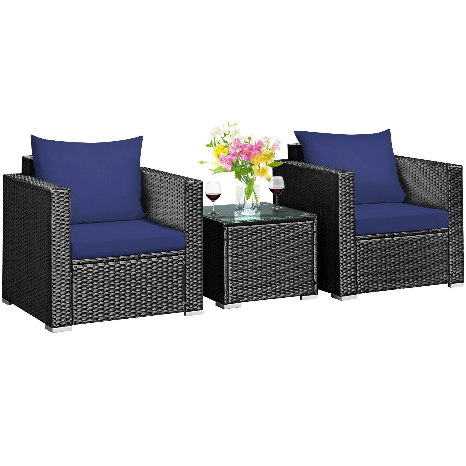 3-Piece Patio Wicker Furniture Set, Navy - Image 4