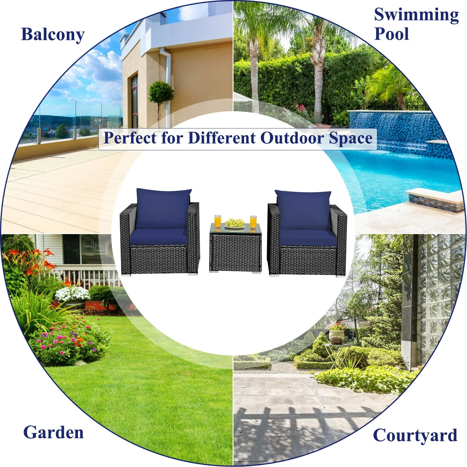 3-Piece Patio Wicker Furniture Set, Navy - Image 6