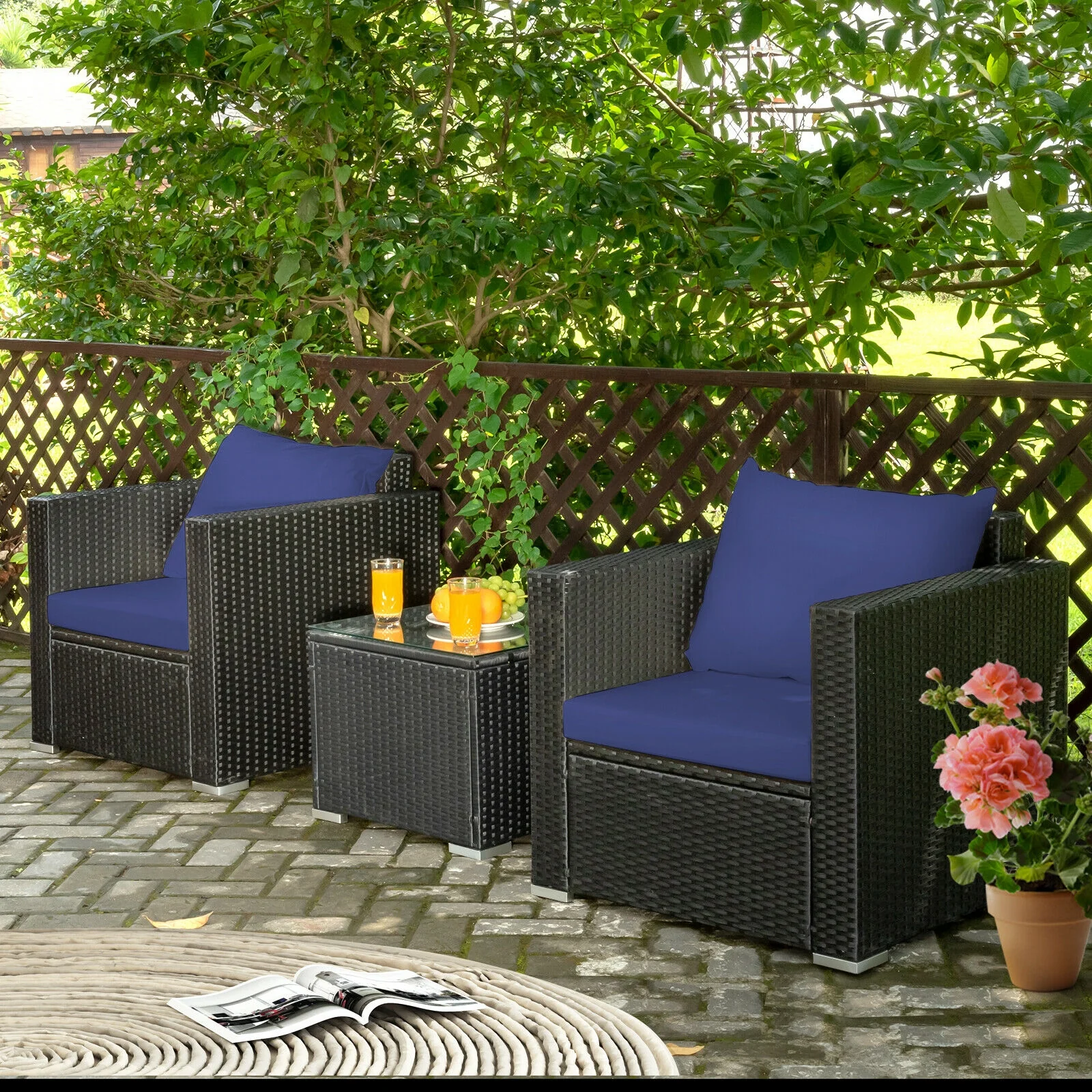 3-Piece Patio Wicker Furniture Set, Navy - Image 7