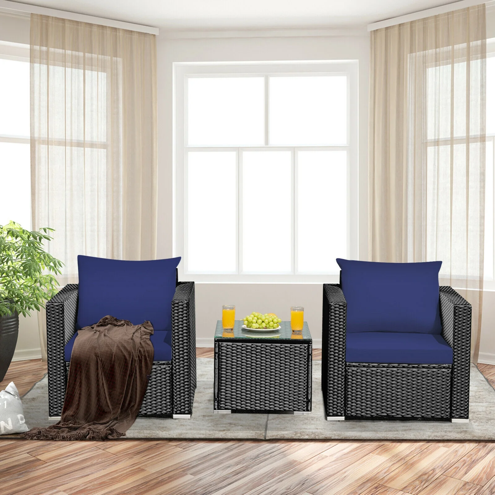 3-Piece Patio Wicker Furniture Set, Navy - Image 8