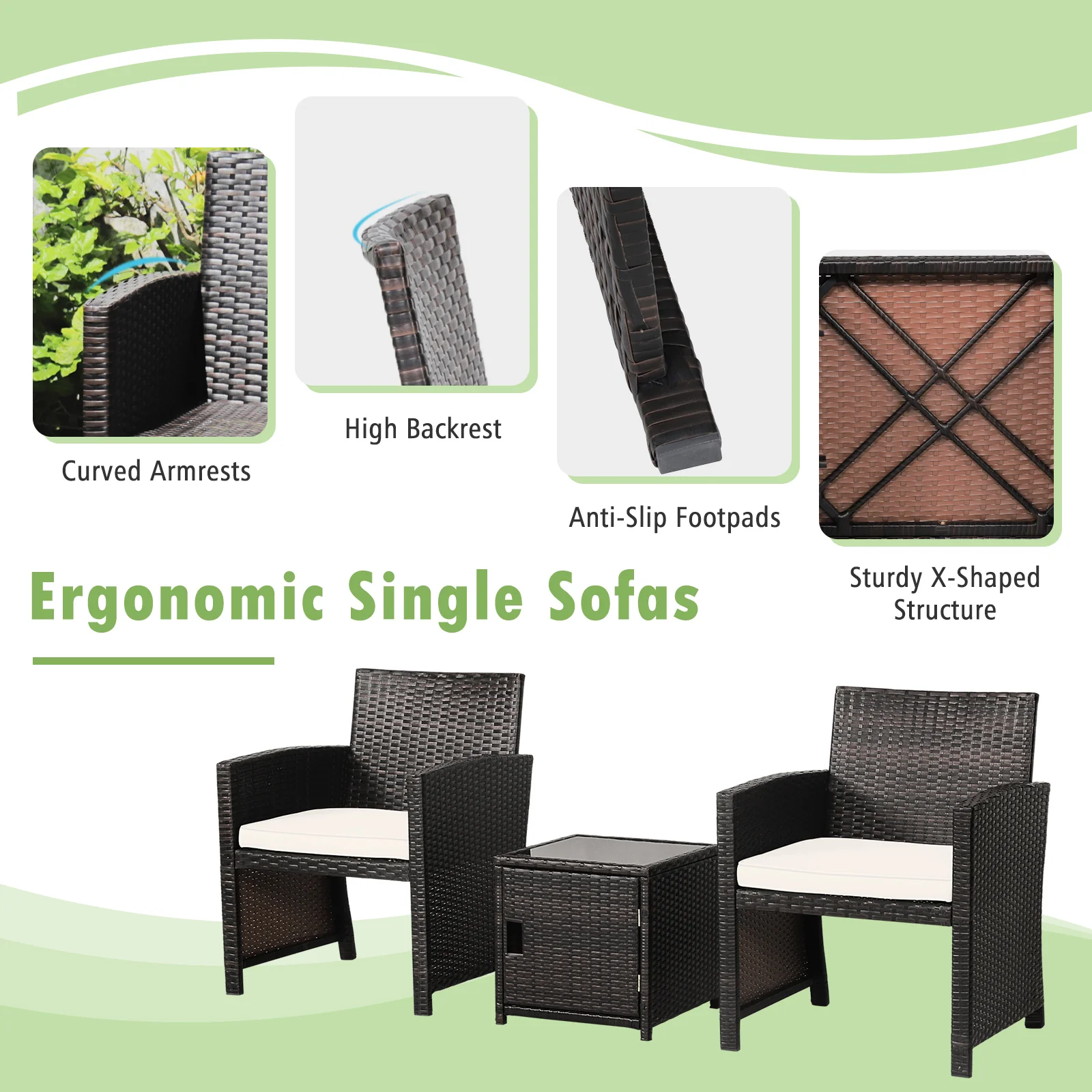 3-Piece Patio Wicker Furniture Set, Storage Table, Protective Cover, Off White - Image 6