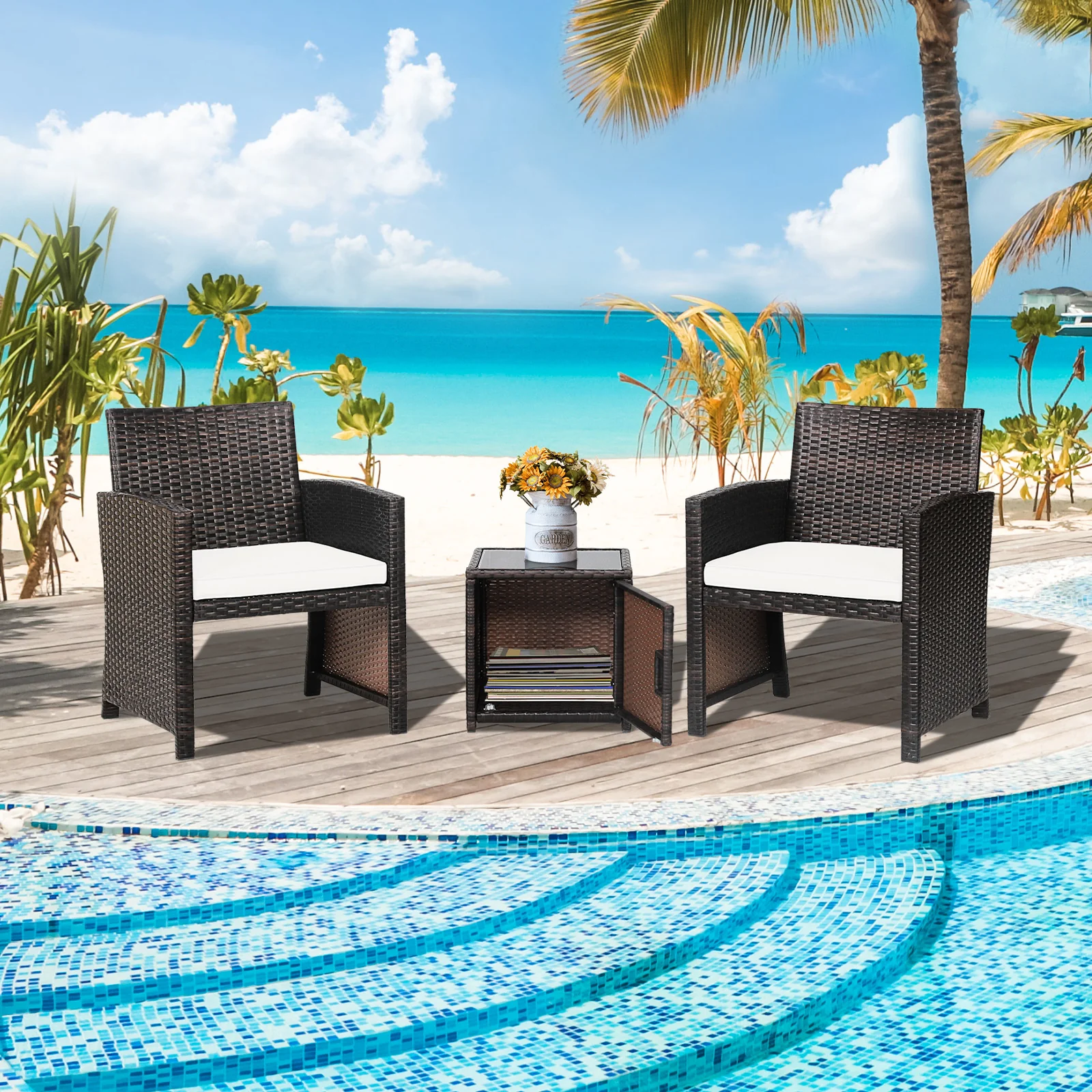3-Piece Patio Wicker Furniture Set, Storage Table, Protective Cover, Off White - Image 7