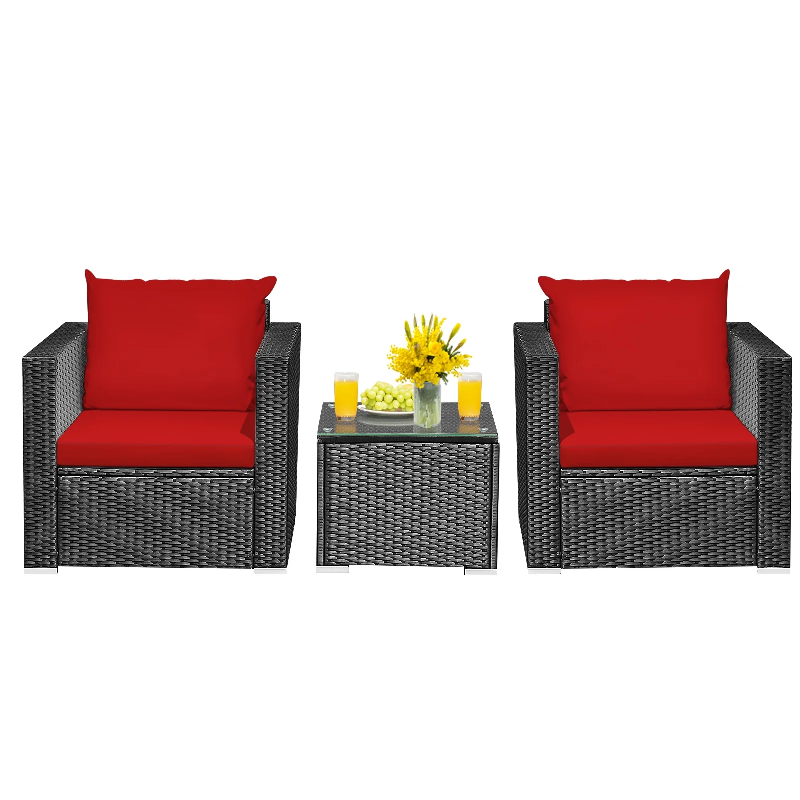 3-Piece Patio Wicker Furniture Set With Cushion, Red - Image 10