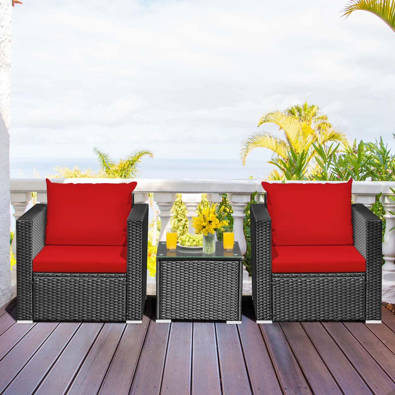 3-Piece Patio Wicker Furniture Set With Cushion, Red - Image 2
