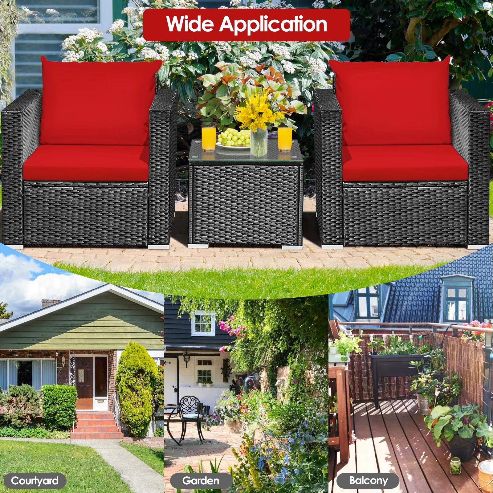 3-Piece Patio Wicker Furniture Set With Cushion, Red - Image 3