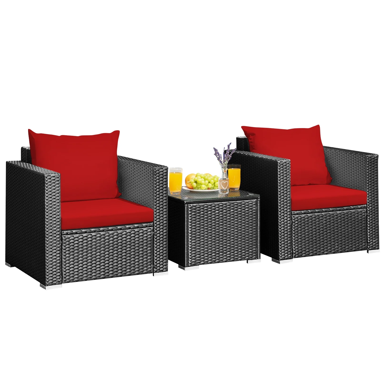 3-Piece Patio Wicker Furniture Set With Cushion, Red - Image 4