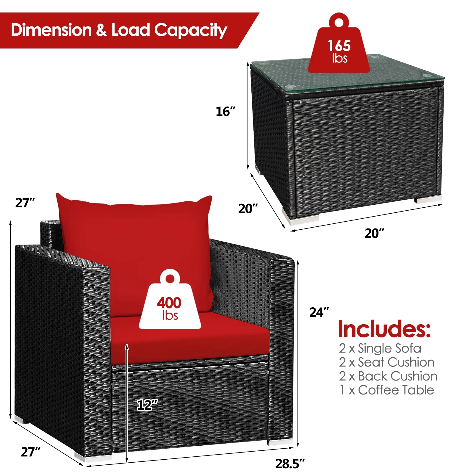3-Piece Patio Wicker Furniture Set With Cushion, Red - Image 5