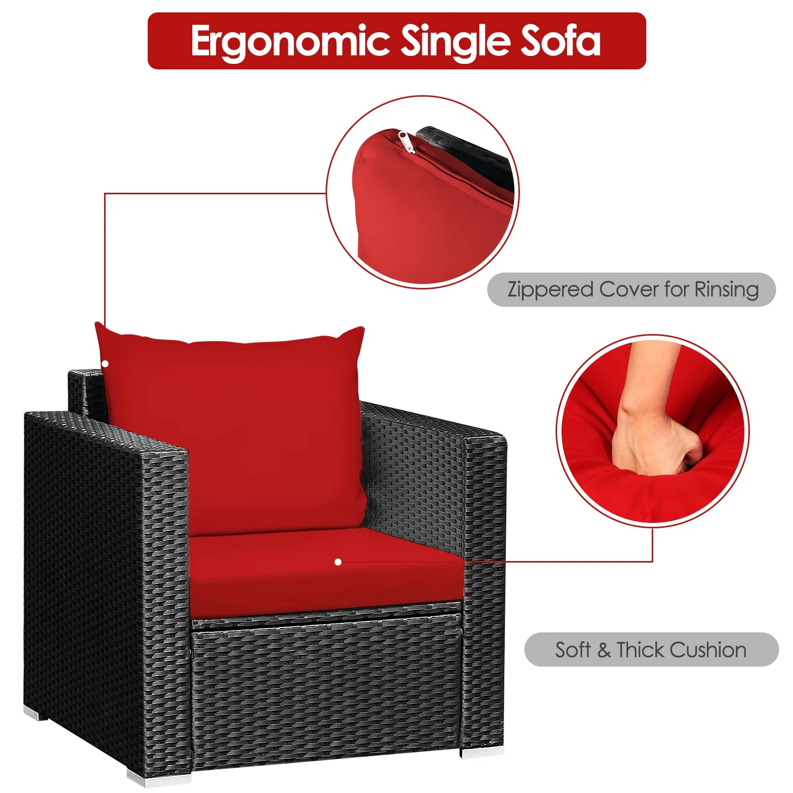 3-Piece Patio Wicker Furniture Set With Cushion, Red - Image 6