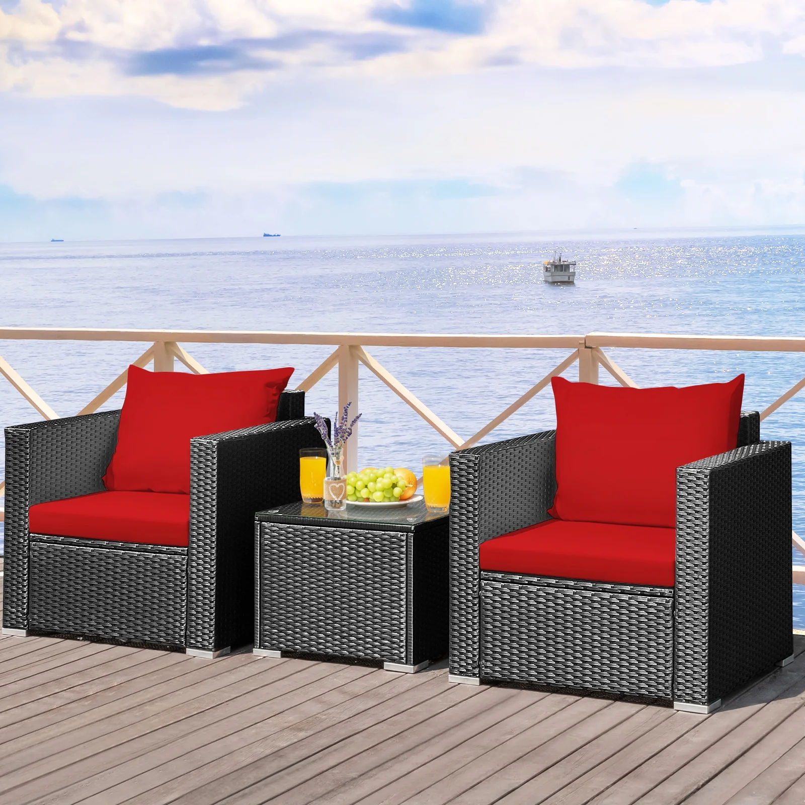 3-Piece Patio Wicker Furniture Set With Cushion, Red - Image 7