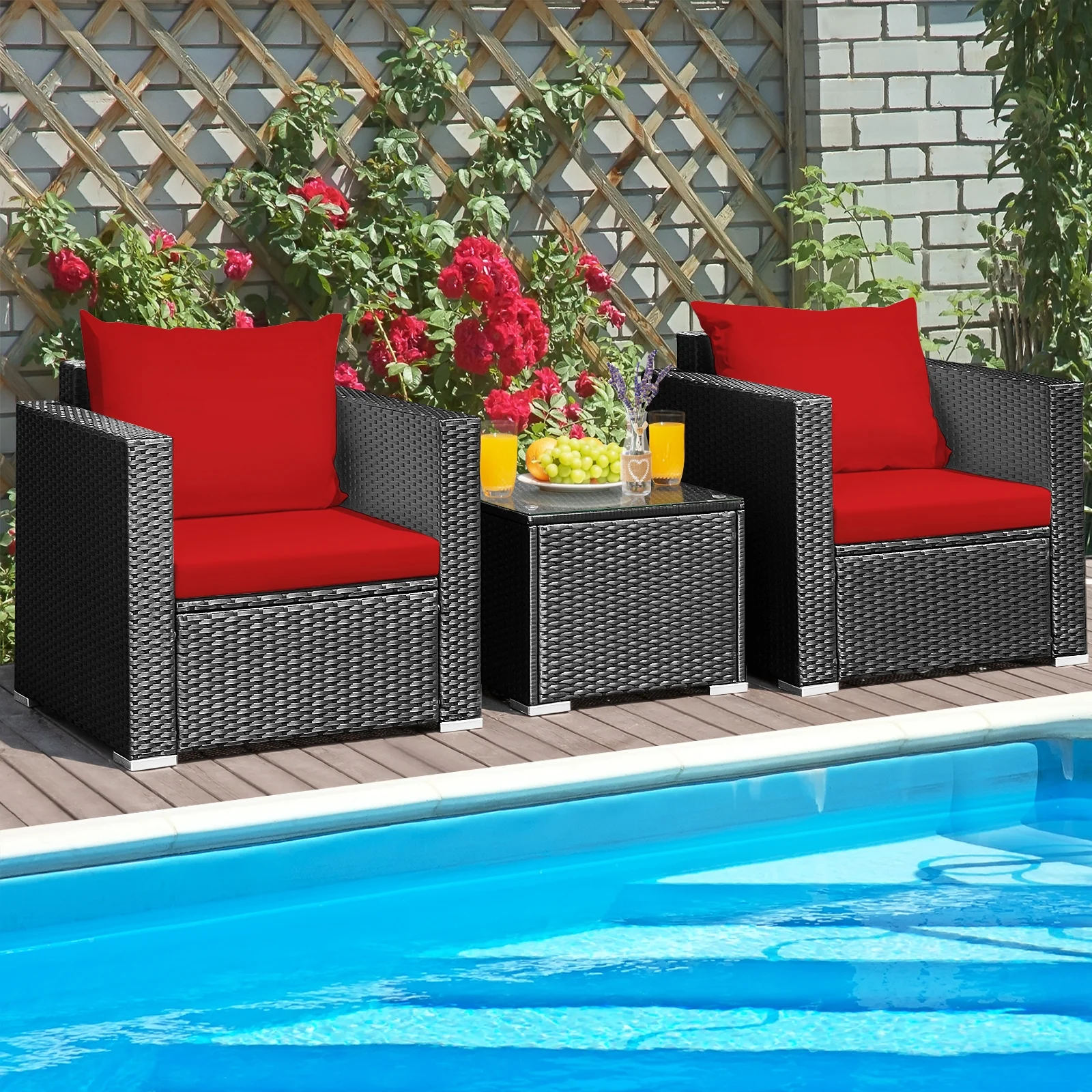 3-Piece Patio Wicker Furniture Set With Cushion, Red - Image 8