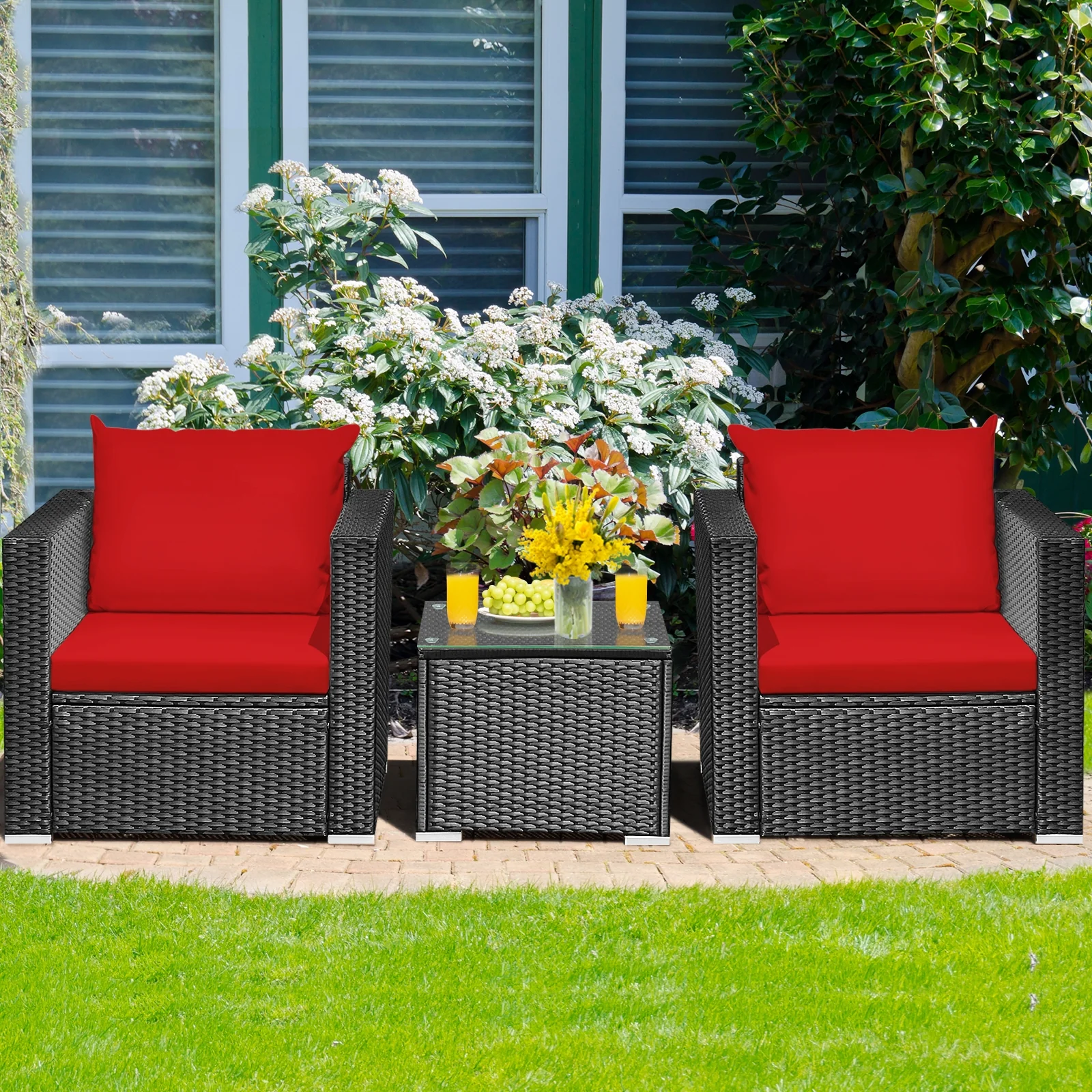 3-Piece Patio Wicker Furniture Set With Cushion, Red - Image 9