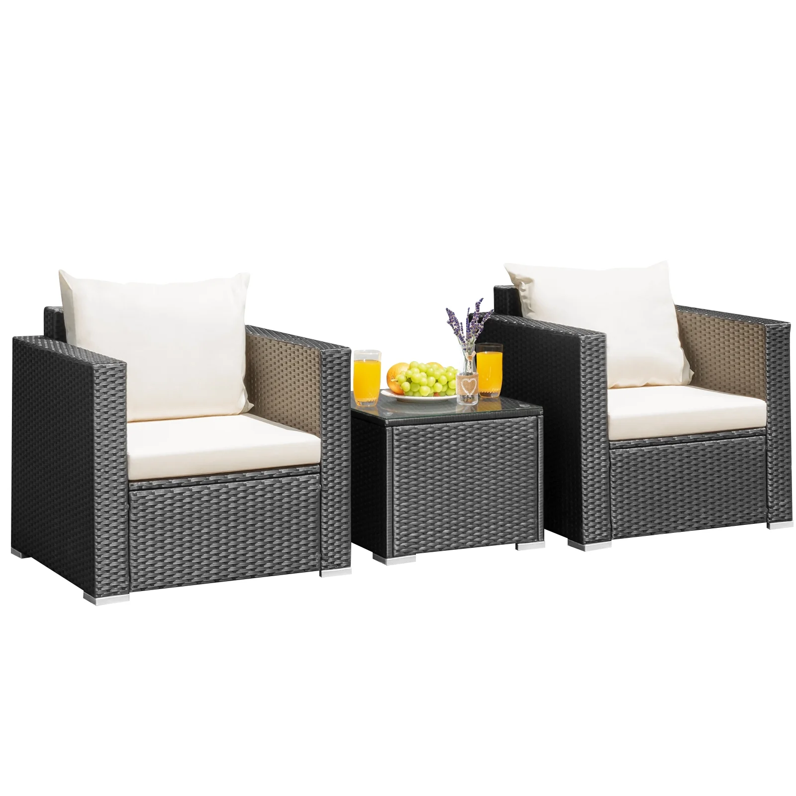 3-Piece Patio Wicker Furniture Set With Cushion, White