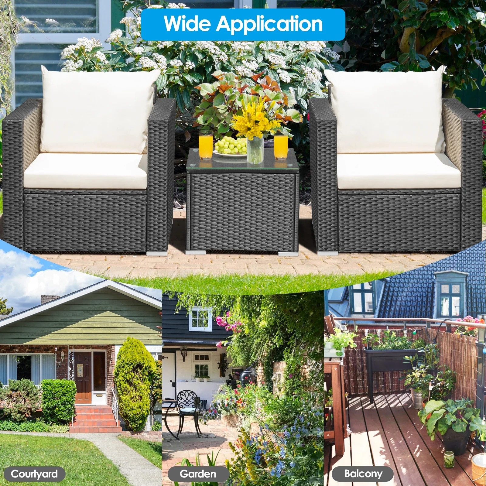 3-Piece Patio Wicker Furniture Set With Cushion, White - Image 3