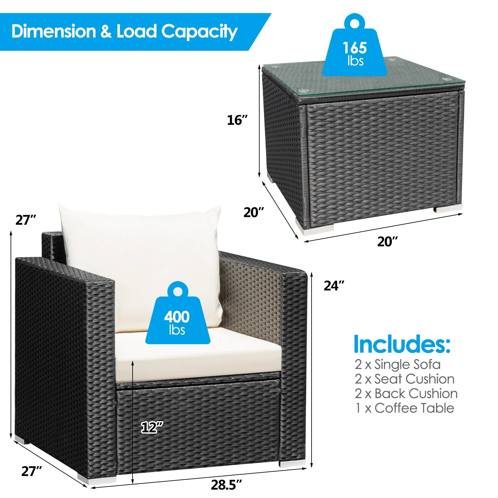 3-Piece Patio Wicker Furniture Set With Cushion, White - Image 5