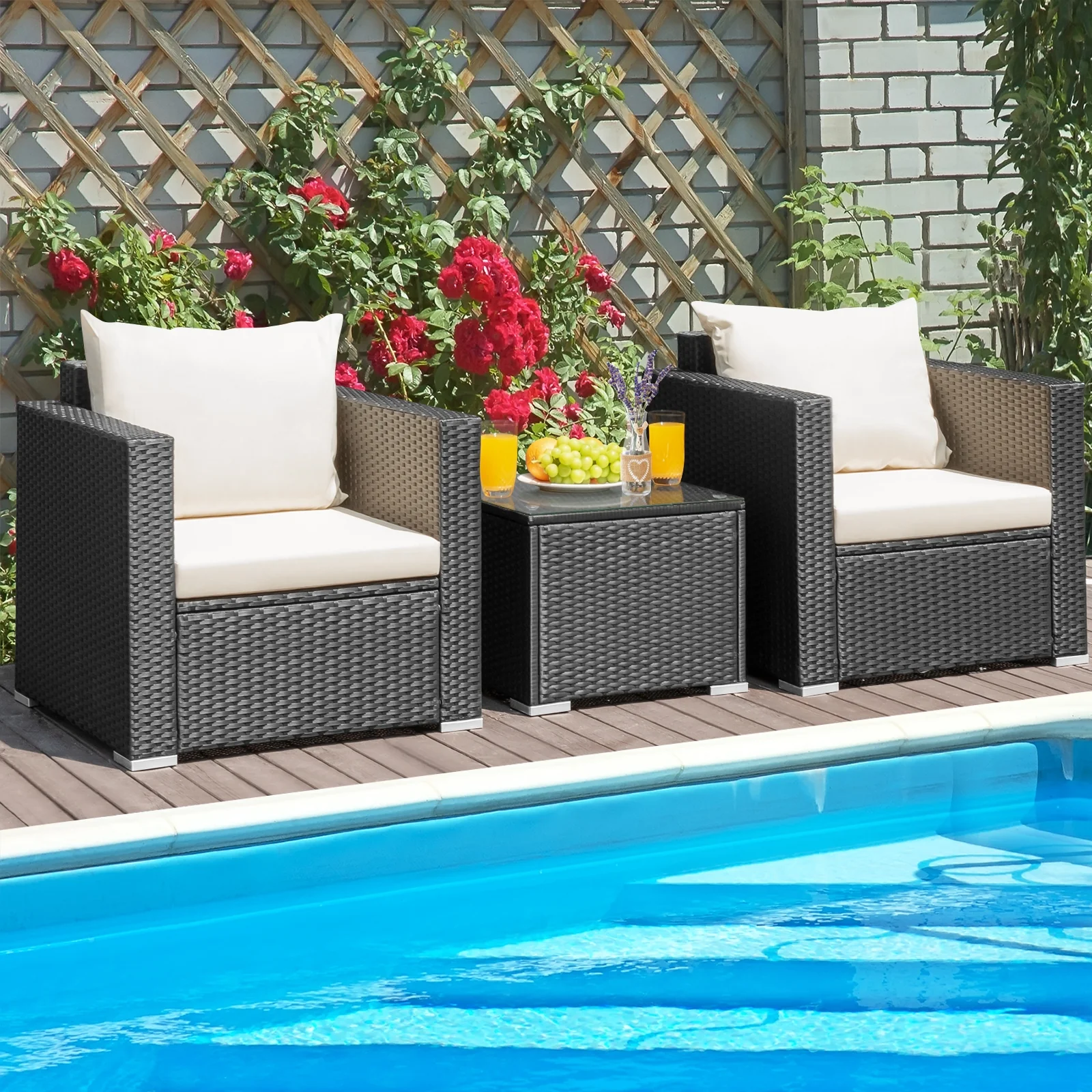 3-Piece Patio Wicker Furniture Set With Cushion, White - Image 7