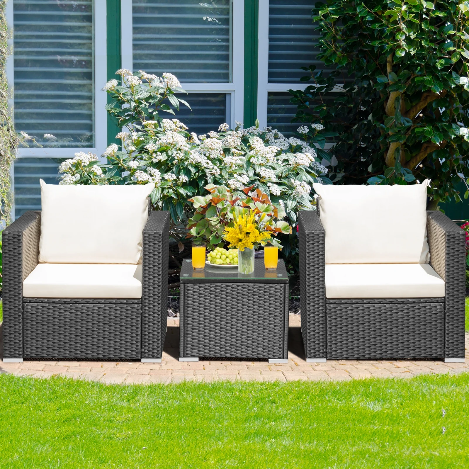3-Piece Patio Wicker Furniture Set With Cushion, White - Image 8