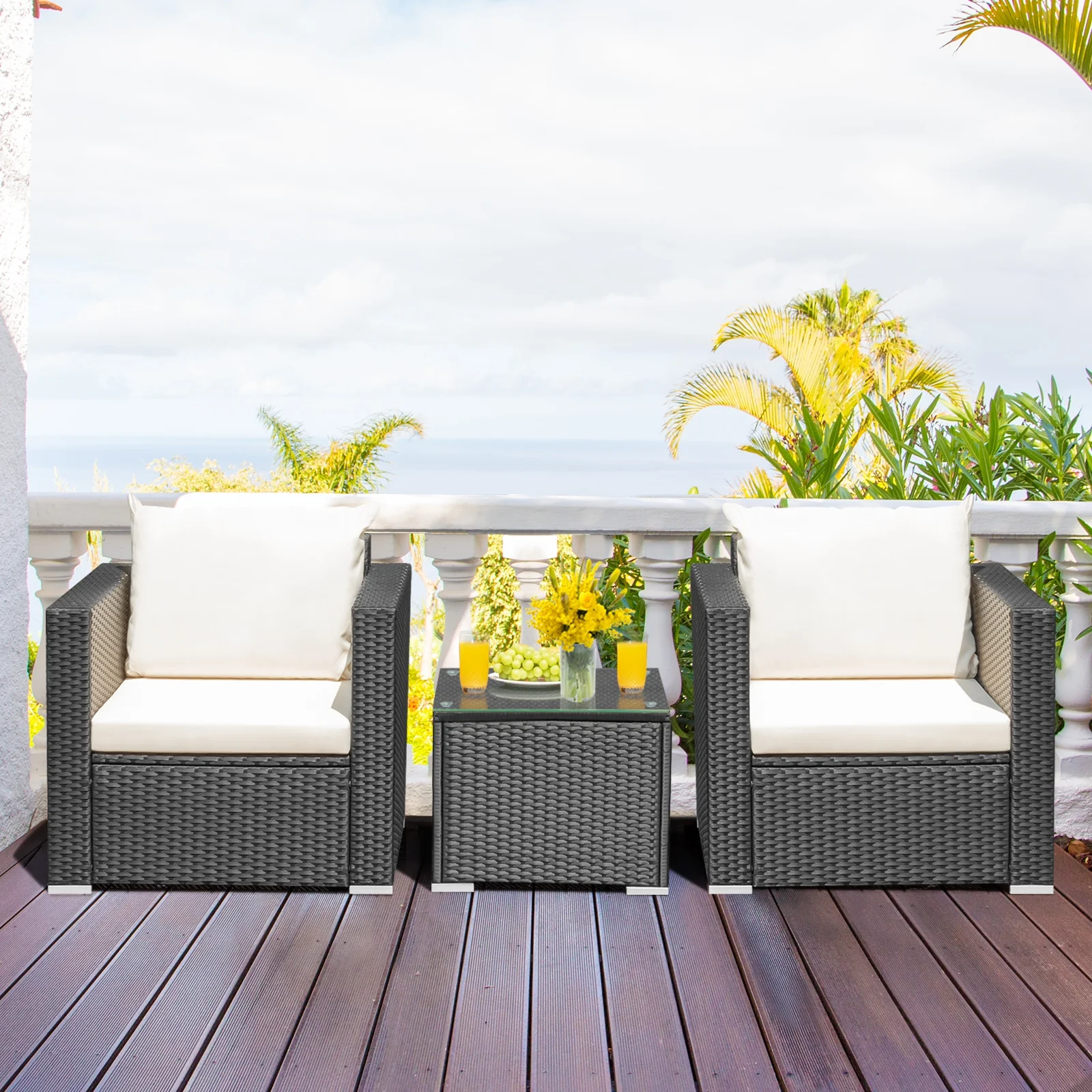 3-Piece Patio Wicker Furniture Set With Cushion, White - Image 9