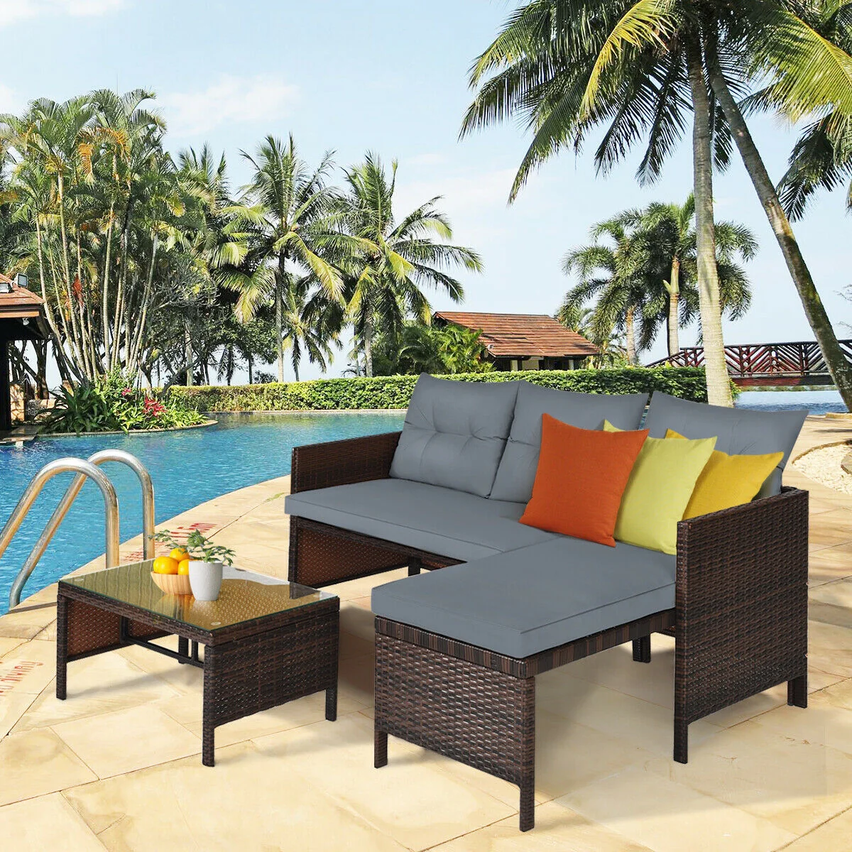 3 Piece Patio Wicker Rattan Sofa Set, Gray - Image 2