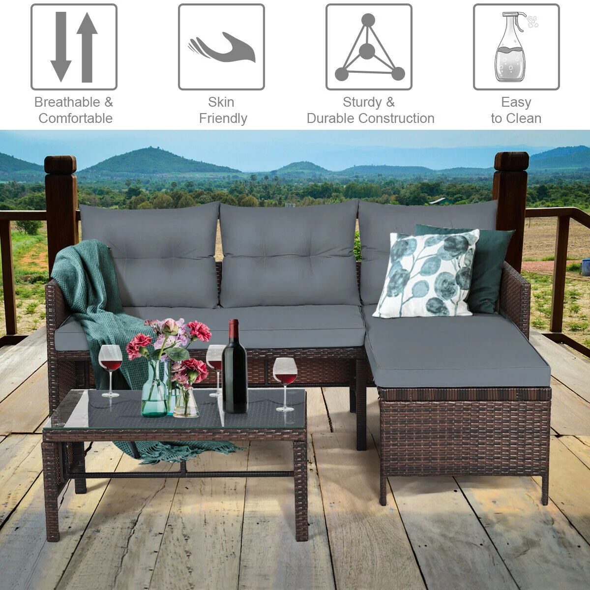 3 Piece Patio Wicker Rattan Sofa Set, Gray - Image 3