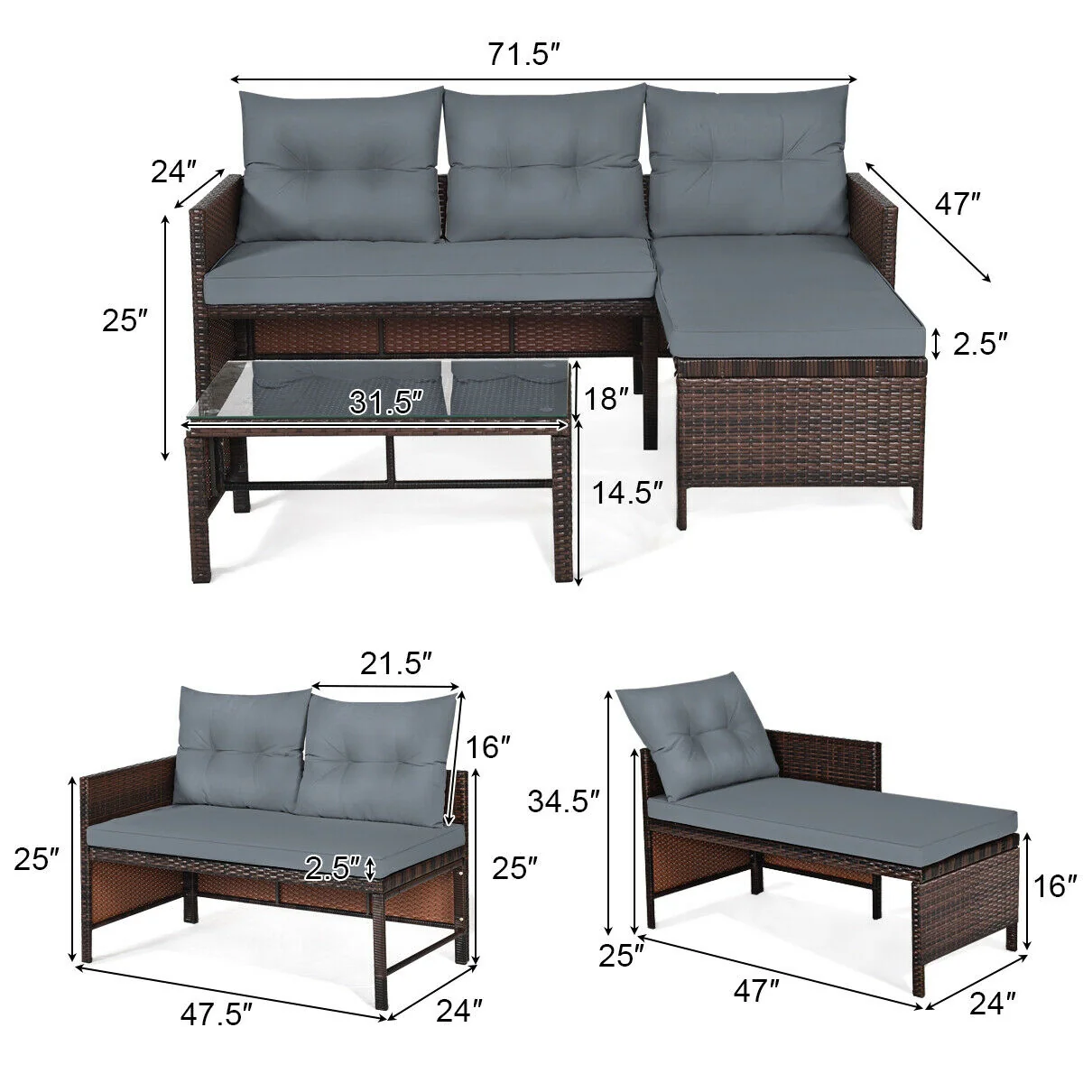 3 Piece Patio Wicker Rattan Sofa Set, Gray - Image 5