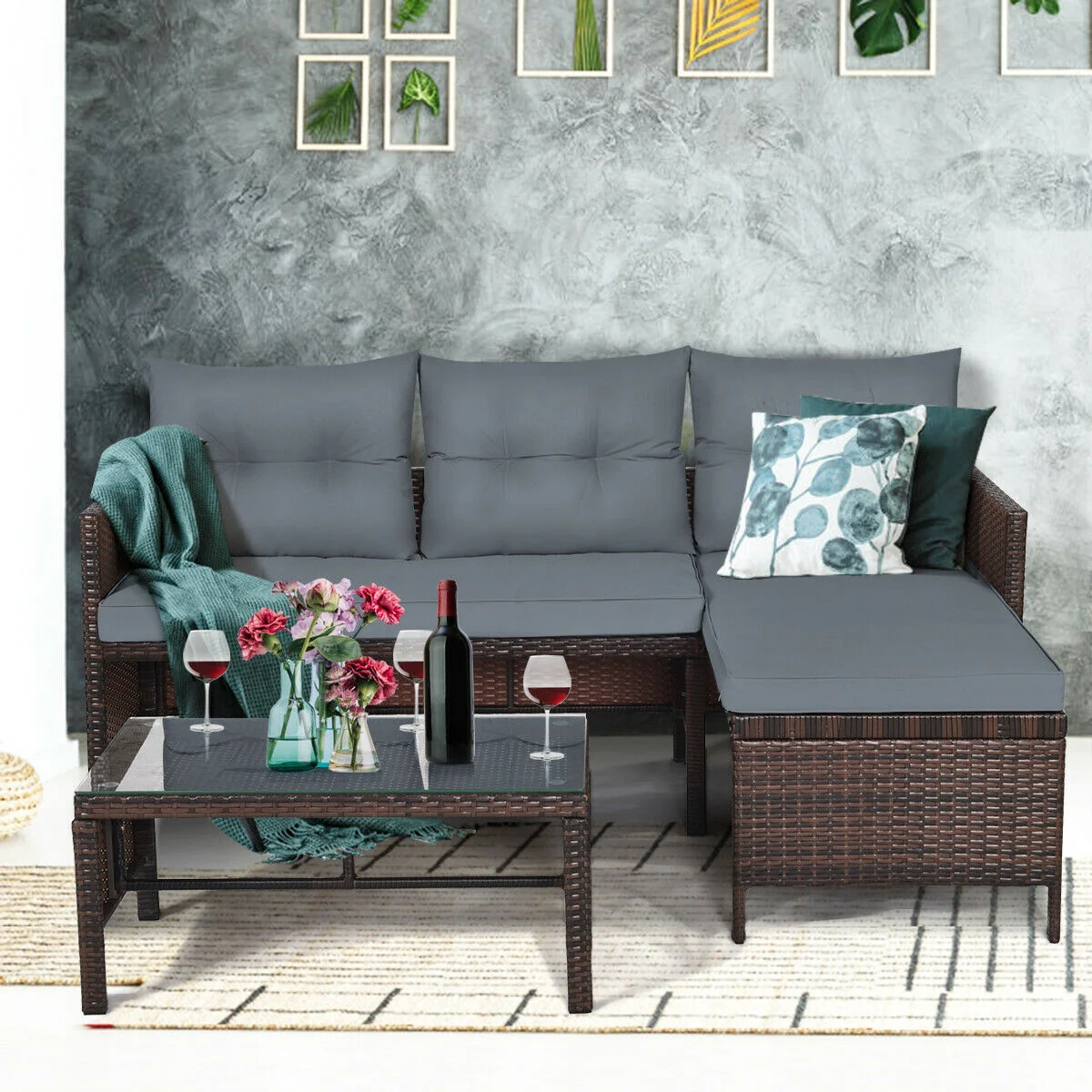 3 Piece Patio Wicker Rattan Sofa Set, Gray - Image 6