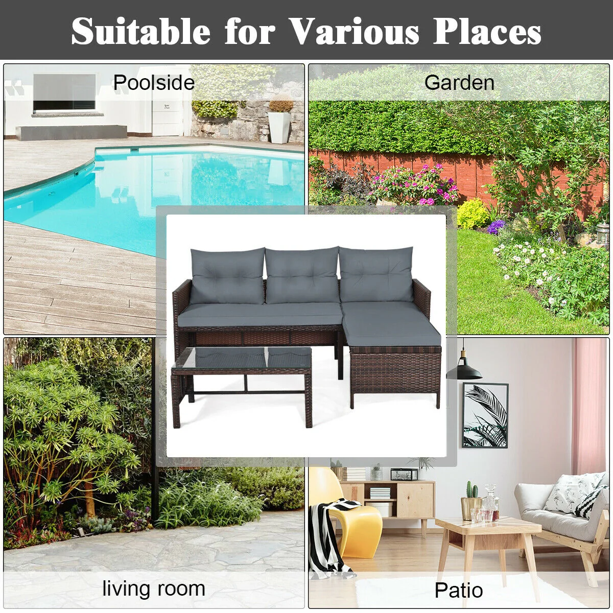 3 Piece Patio Wicker Rattan Sofa Set, Gray - Image 7