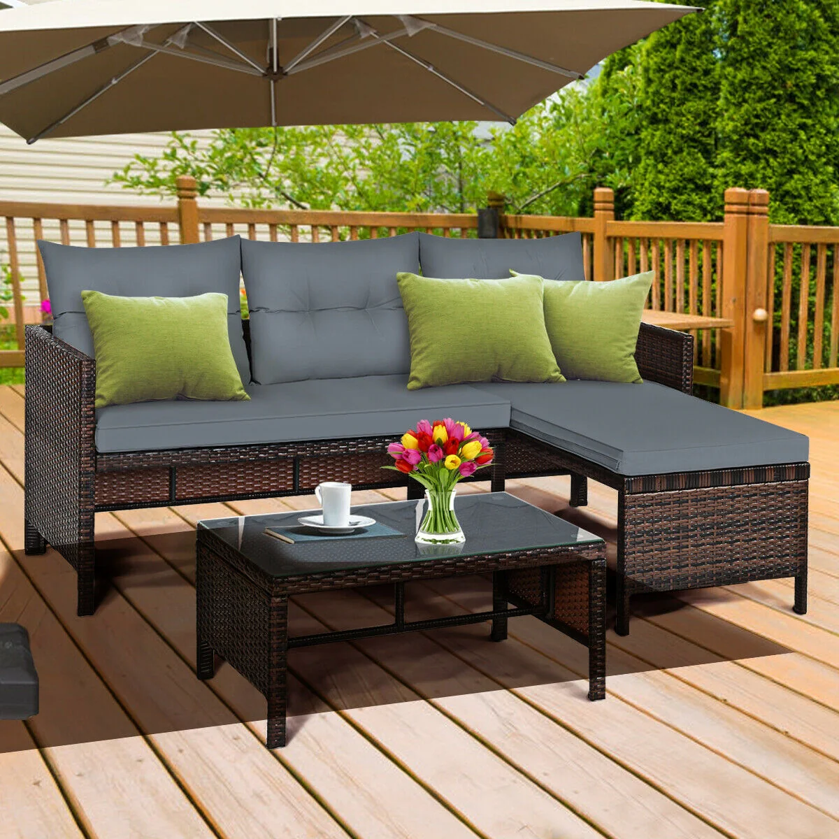 3 Piece Patio Wicker Rattan Sofa Set, Gray - Image 8