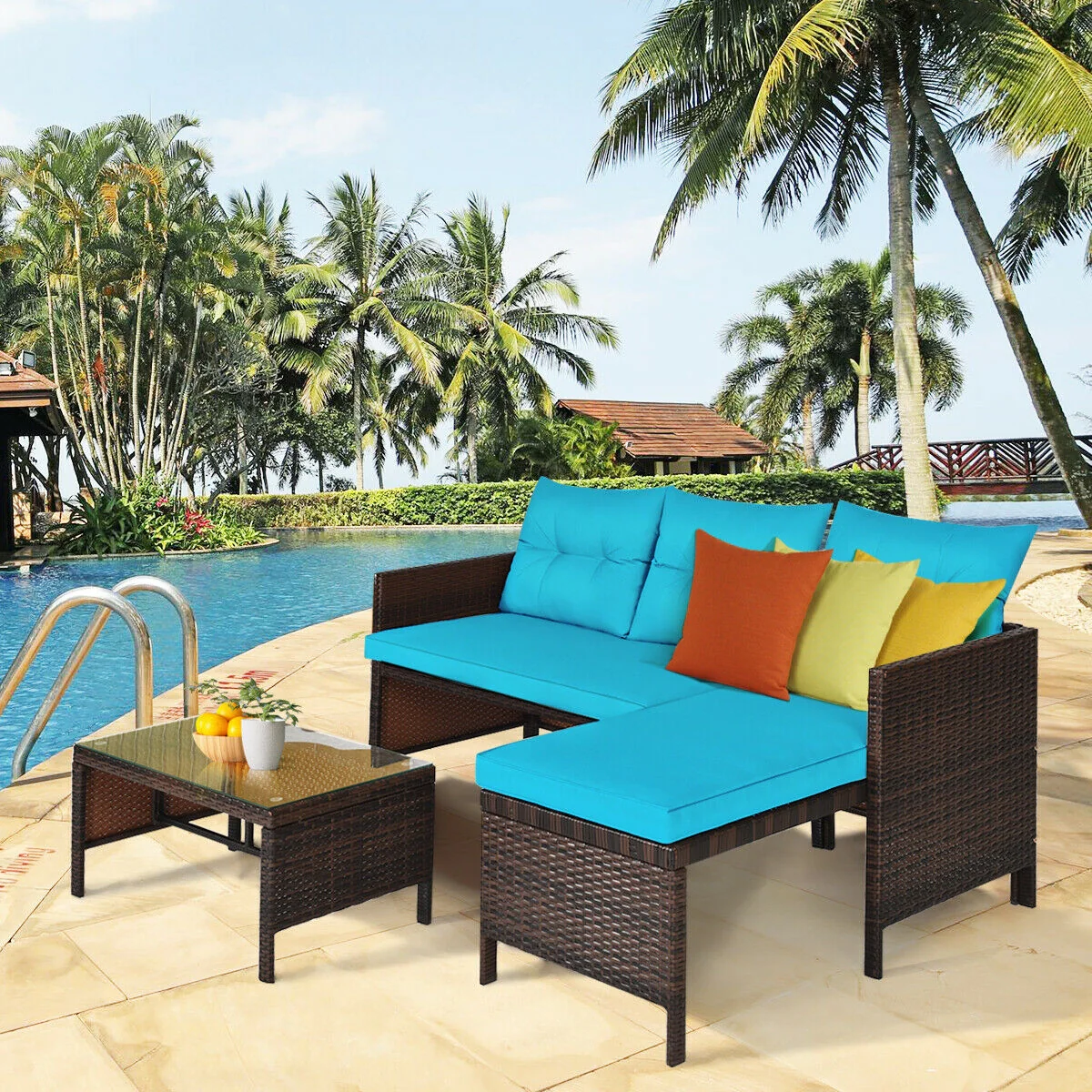 3 Piece Patio Wicker Rattan Sofa Set, Turquoise - Image 2