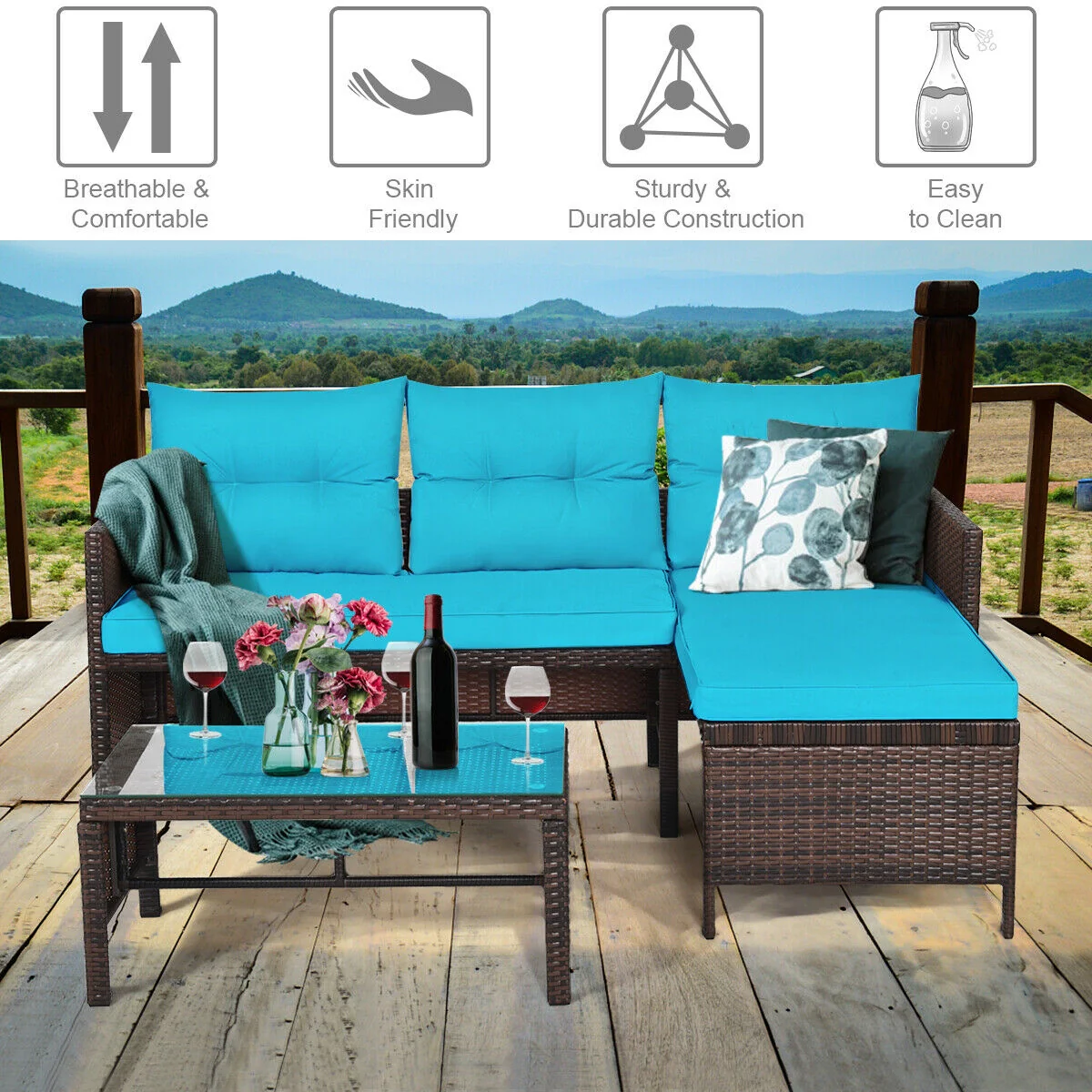 3 Piece Patio Wicker Rattan Sofa Set, Turquoise - Image 3