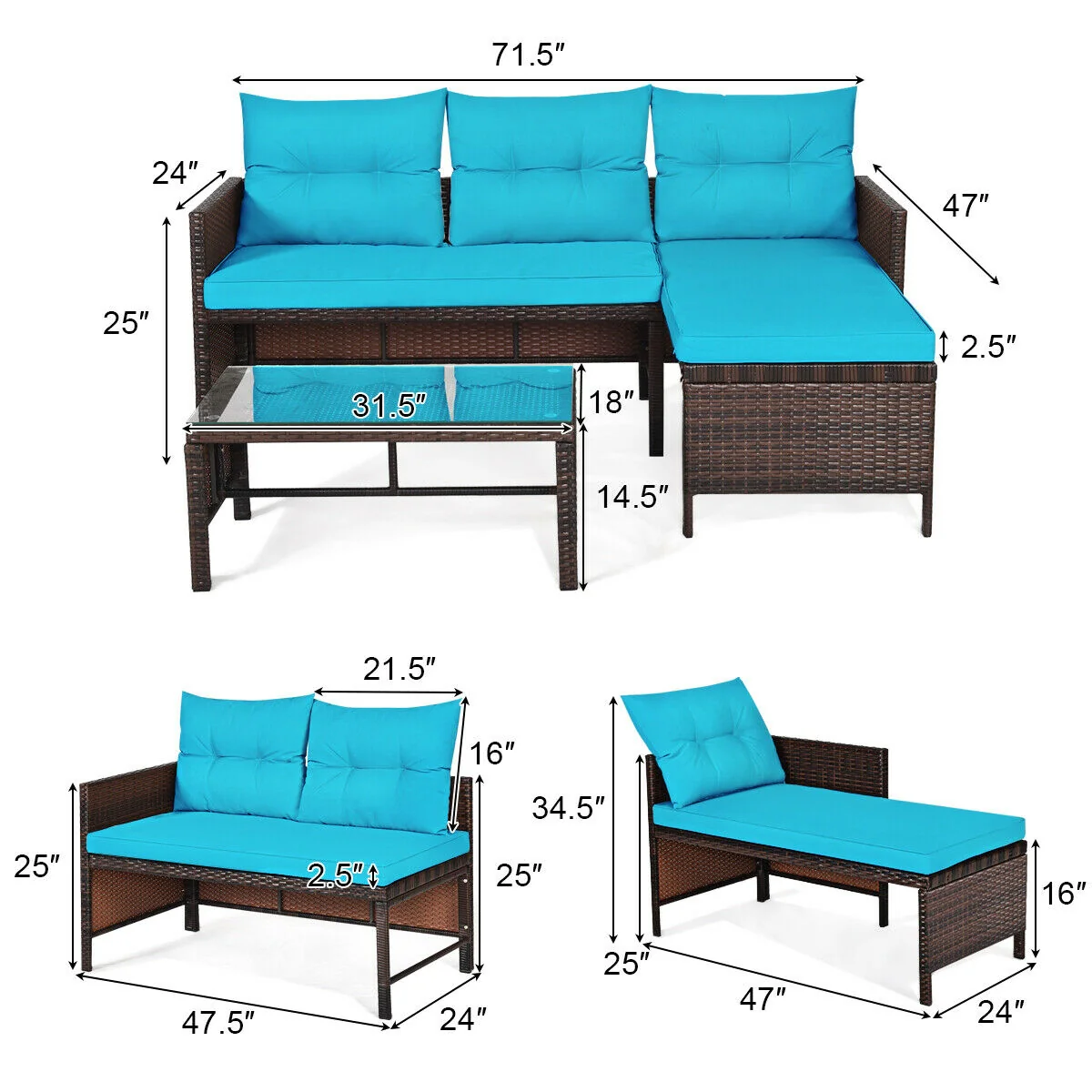 3 Piece Patio Wicker Rattan Sofa Set, Turquoise - Image 5