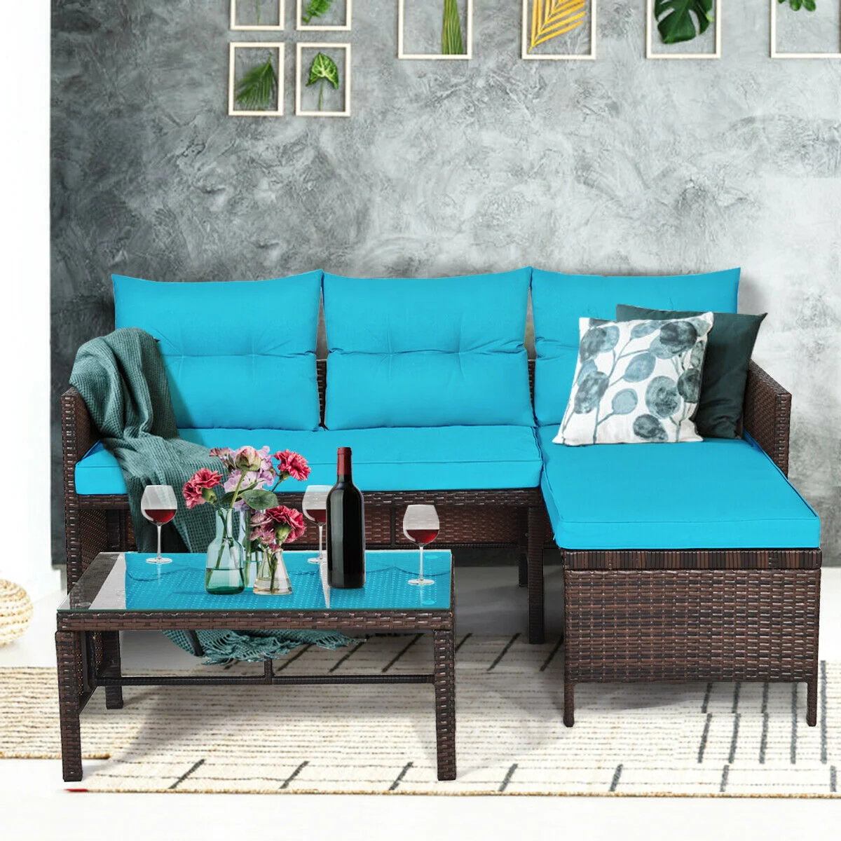 3 Piece Patio Wicker Rattan Sofa Set, Turquoise - Image 7
