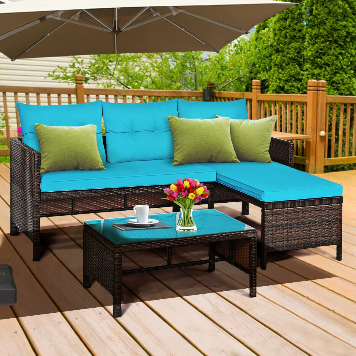3 Piece Patio Wicker Rattan Sofa Set, Turquoise - Image 9