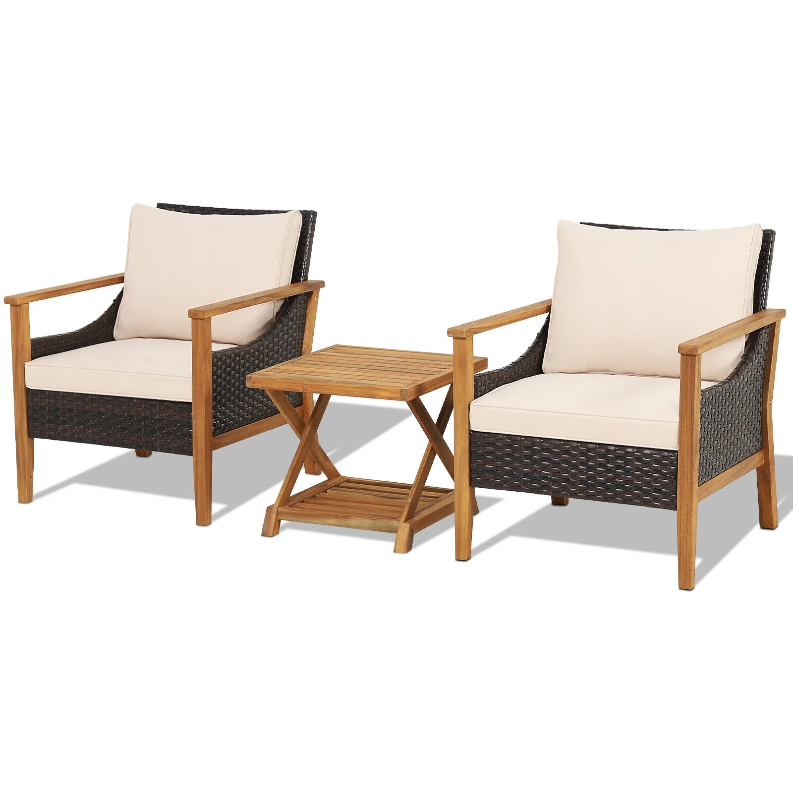 3-Piece Patio Wicker Set, 2-Tier Side Table, Cushioned Armchairs, Natural
