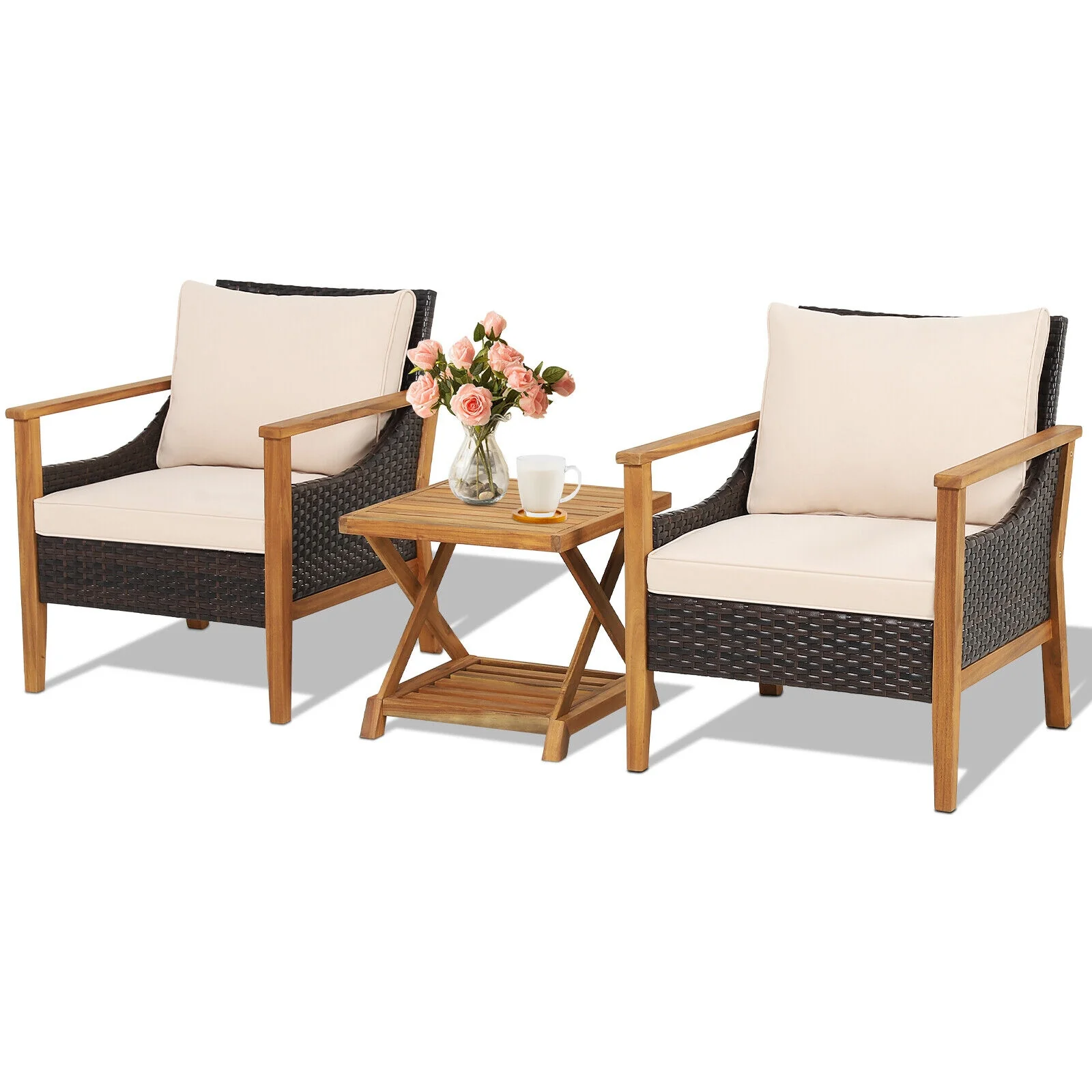 3-Piece Patio Wicker Set, 2-Tier Side Table, Cushioned Armchairs, Natural - Image 5