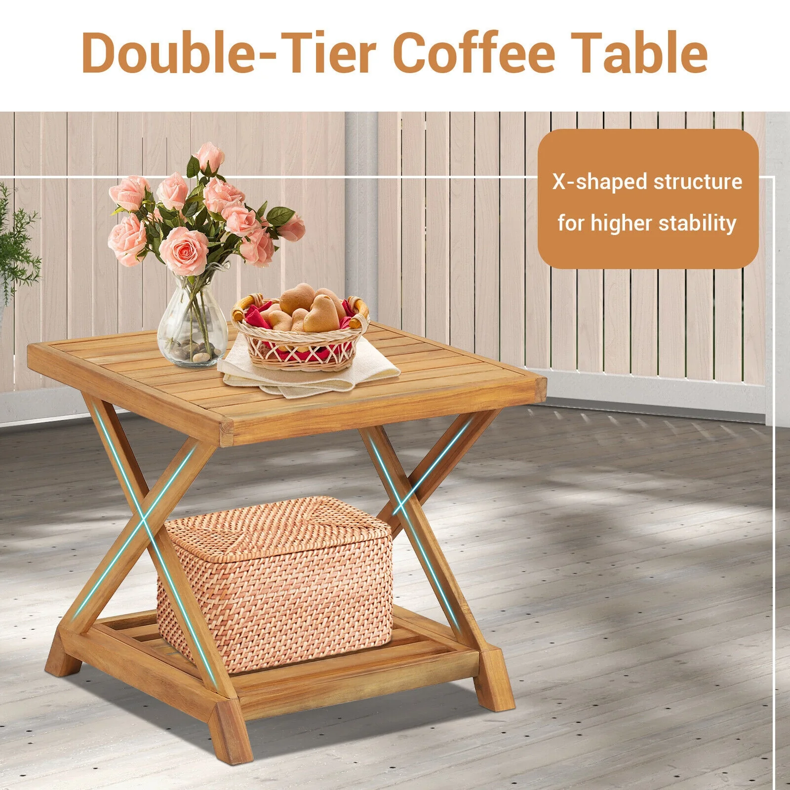 3-Piece Patio Wicker Set, 2-Tier Side Table, Cushioned Armchairs, Natural - Image 7