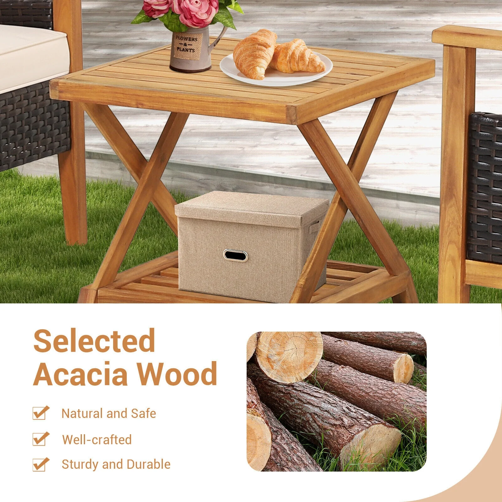 3-Piece Patio Wicker Set, 2-Tier Side Table, Cushioned Armchairs, Natural - Image 8