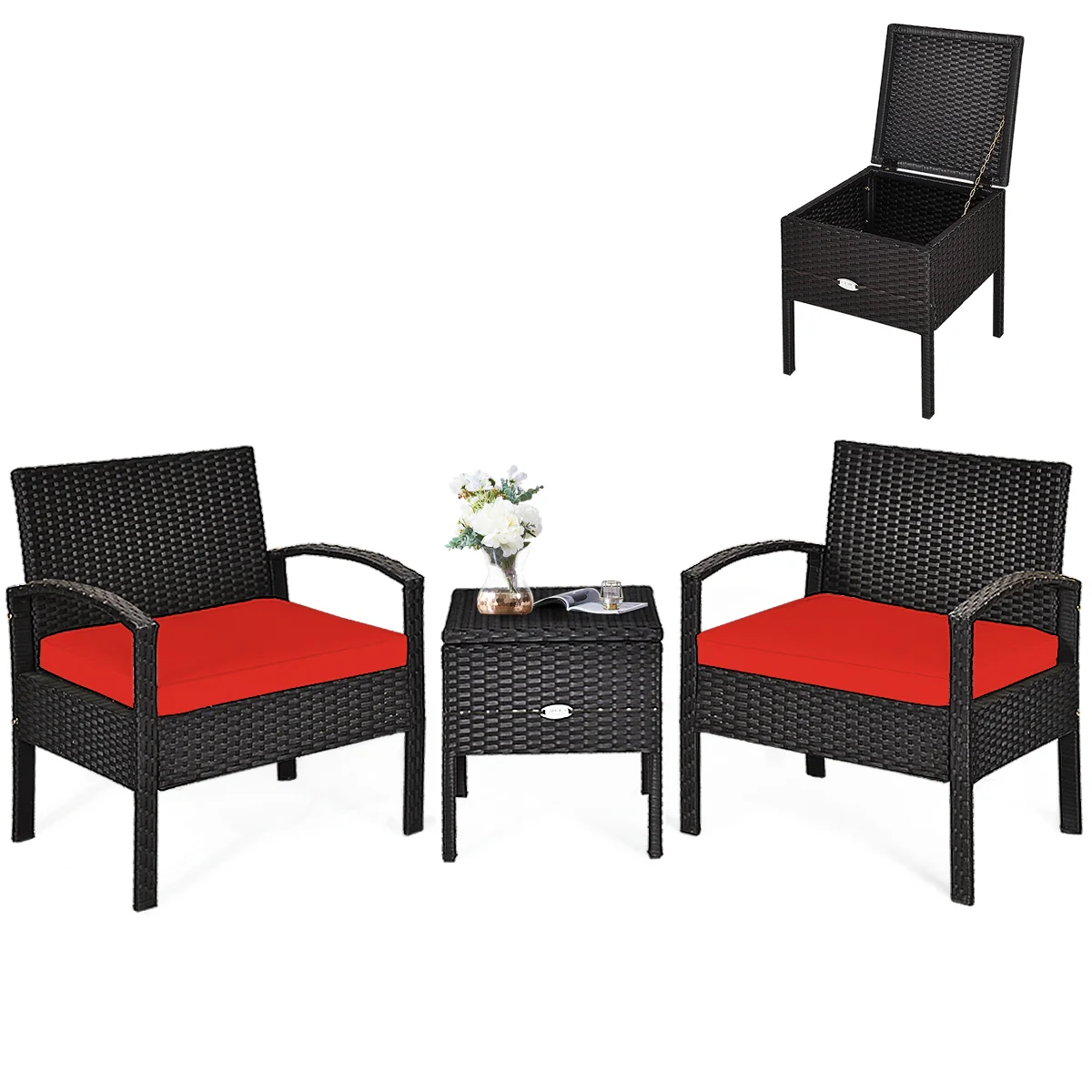 3 Piece PE Rattan Wicker Sofa Set, Patio, Red - Image 4