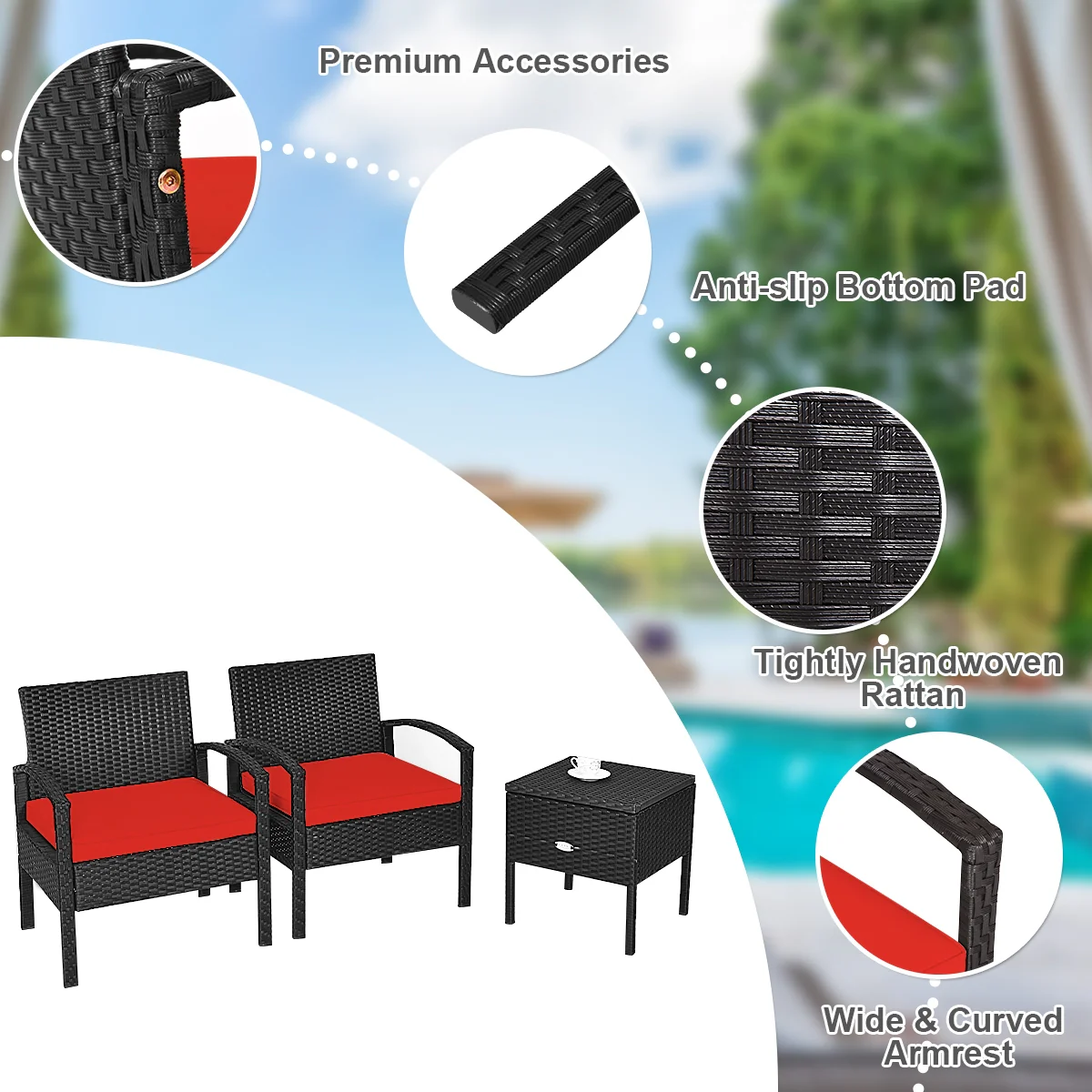 3 Piece PE Rattan Wicker Sofa Set, Patio, Red - Image 6